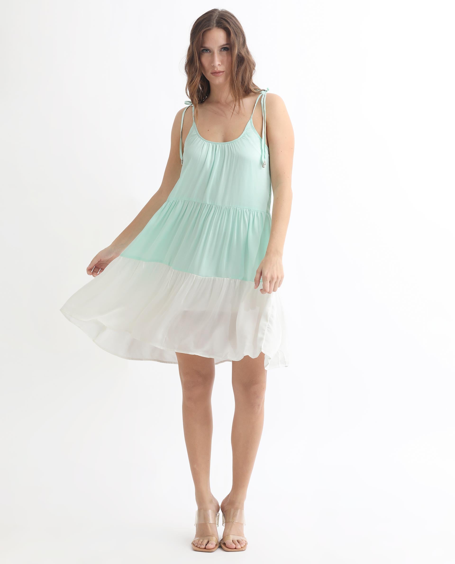 Rareism Women Aldo Light Green U Neck Sleeveless With Tie-Up Straps Mini Dress