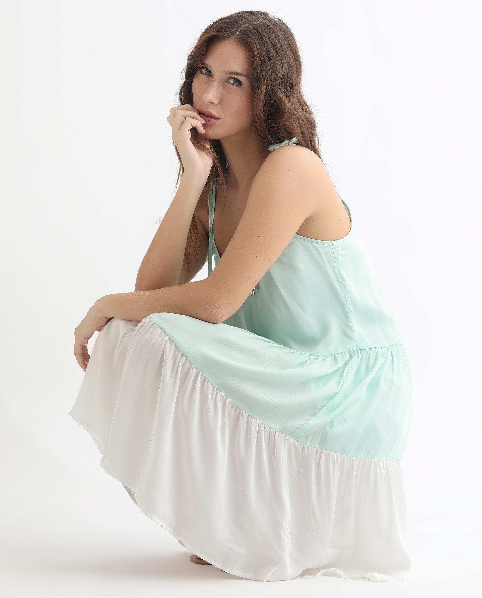 Rareism Women Aldo Light Green U Neck Sleeveless With Tie-Up Straps Mini Dress