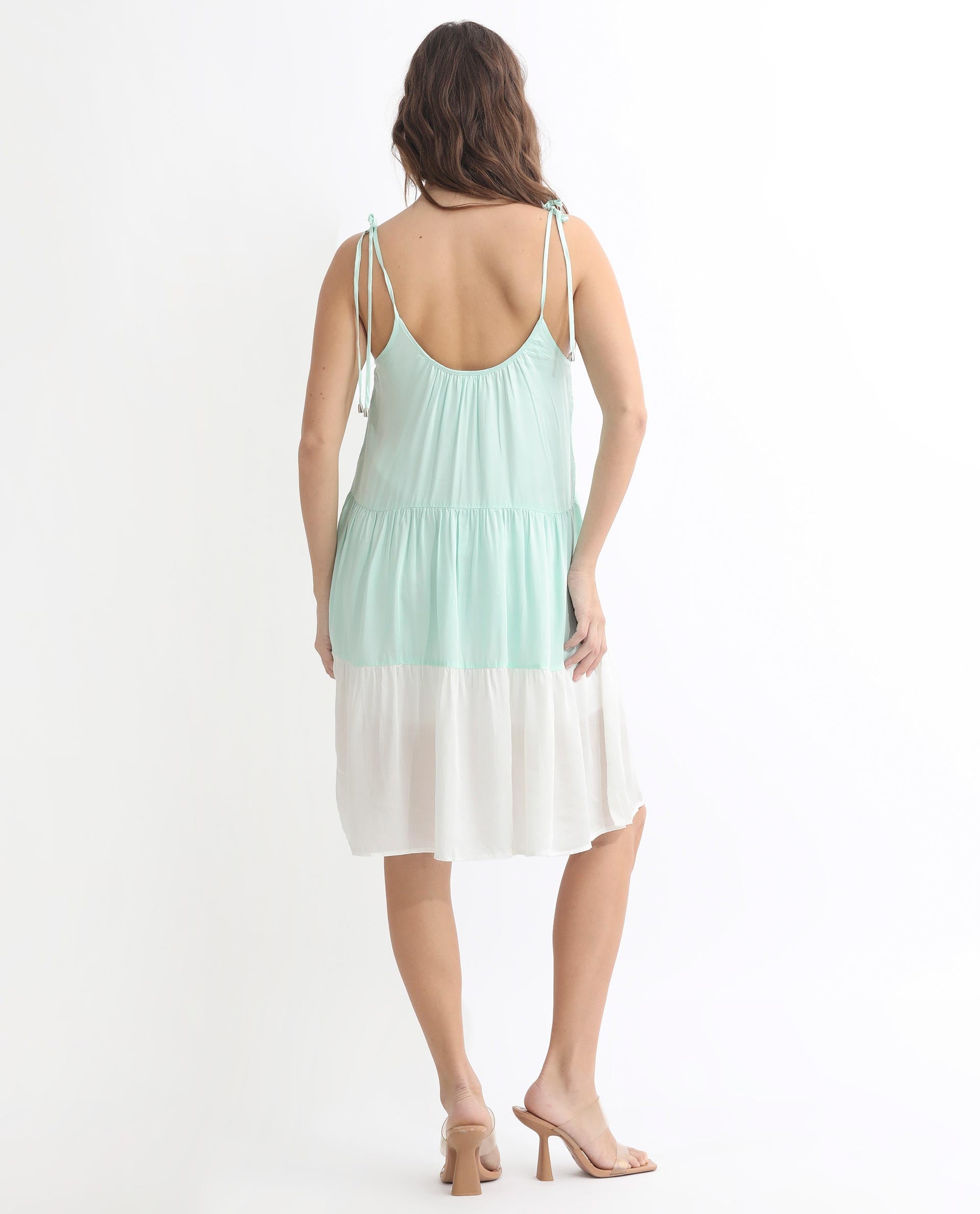 Rareism Women Aldo Light Green U Neck Sleeveless With Tie-Up Straps Mini Dress