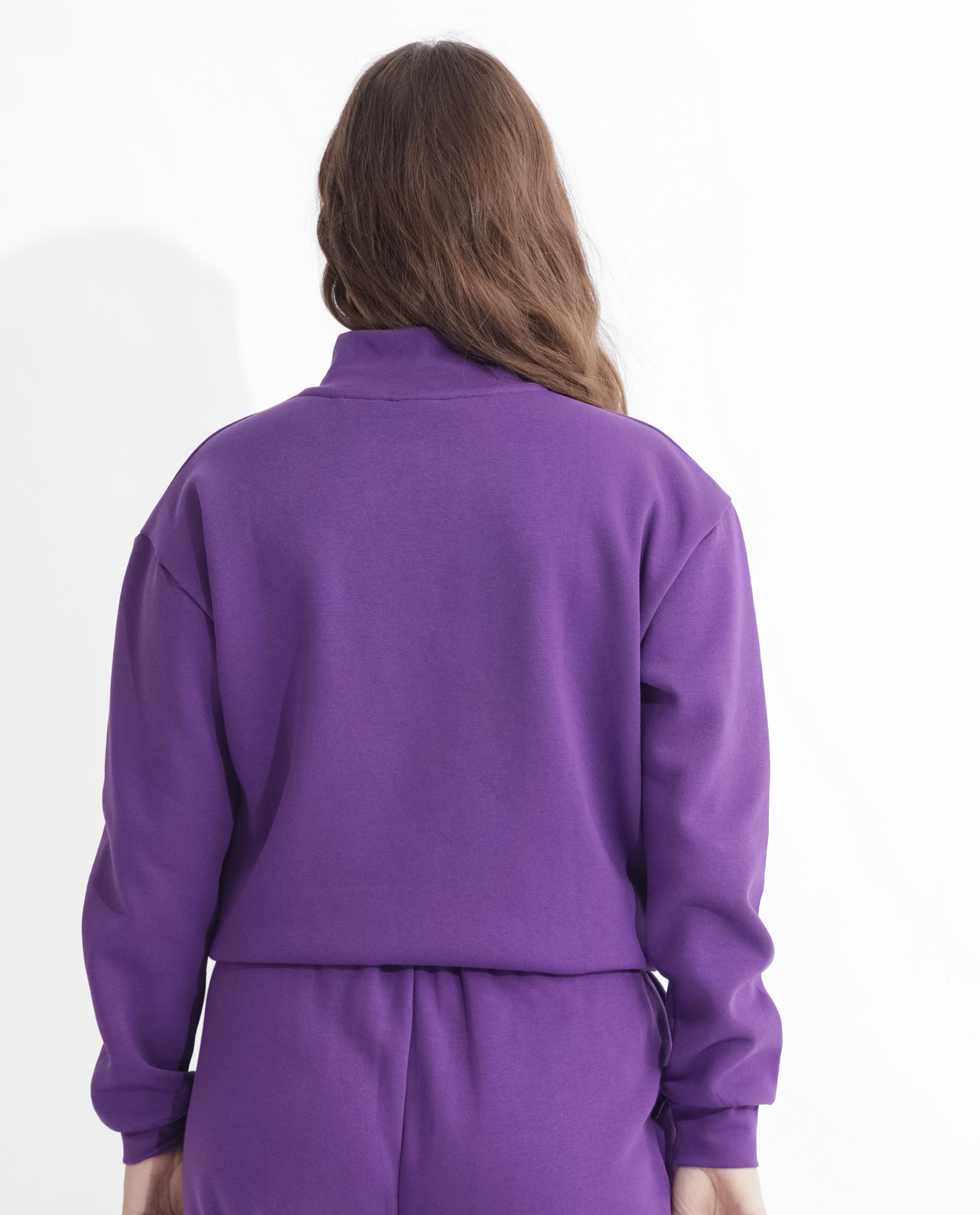 Rareism Women Aldrichh Purple Poly Cotton Fabric Regular Fit Full Sleeves Solid High Neck Sweatshirt