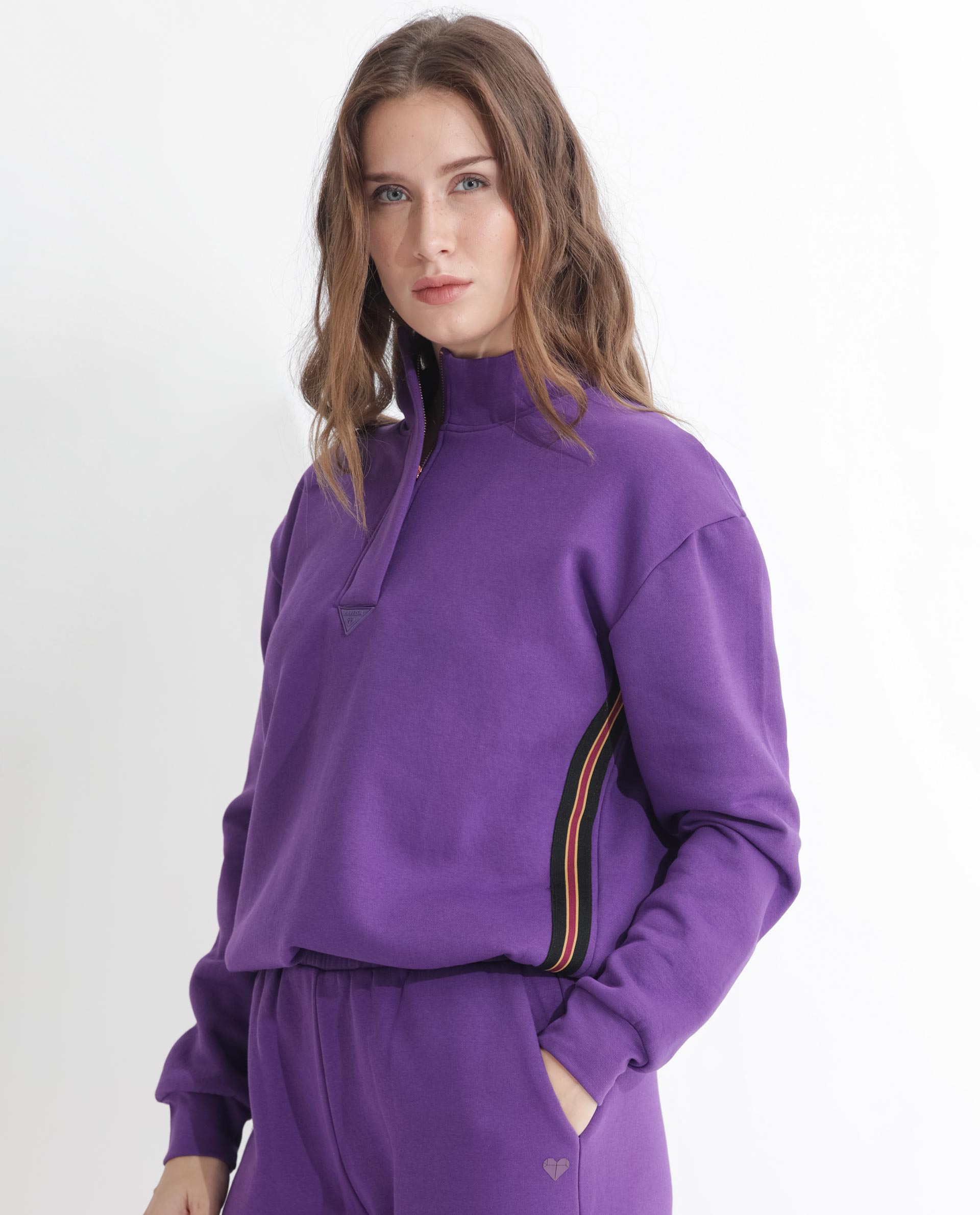 Rareism Women Aldrichh Purple Poly Cotton Fabric Regular Fit Full Sleeves Solid High Neck Sweatshirt