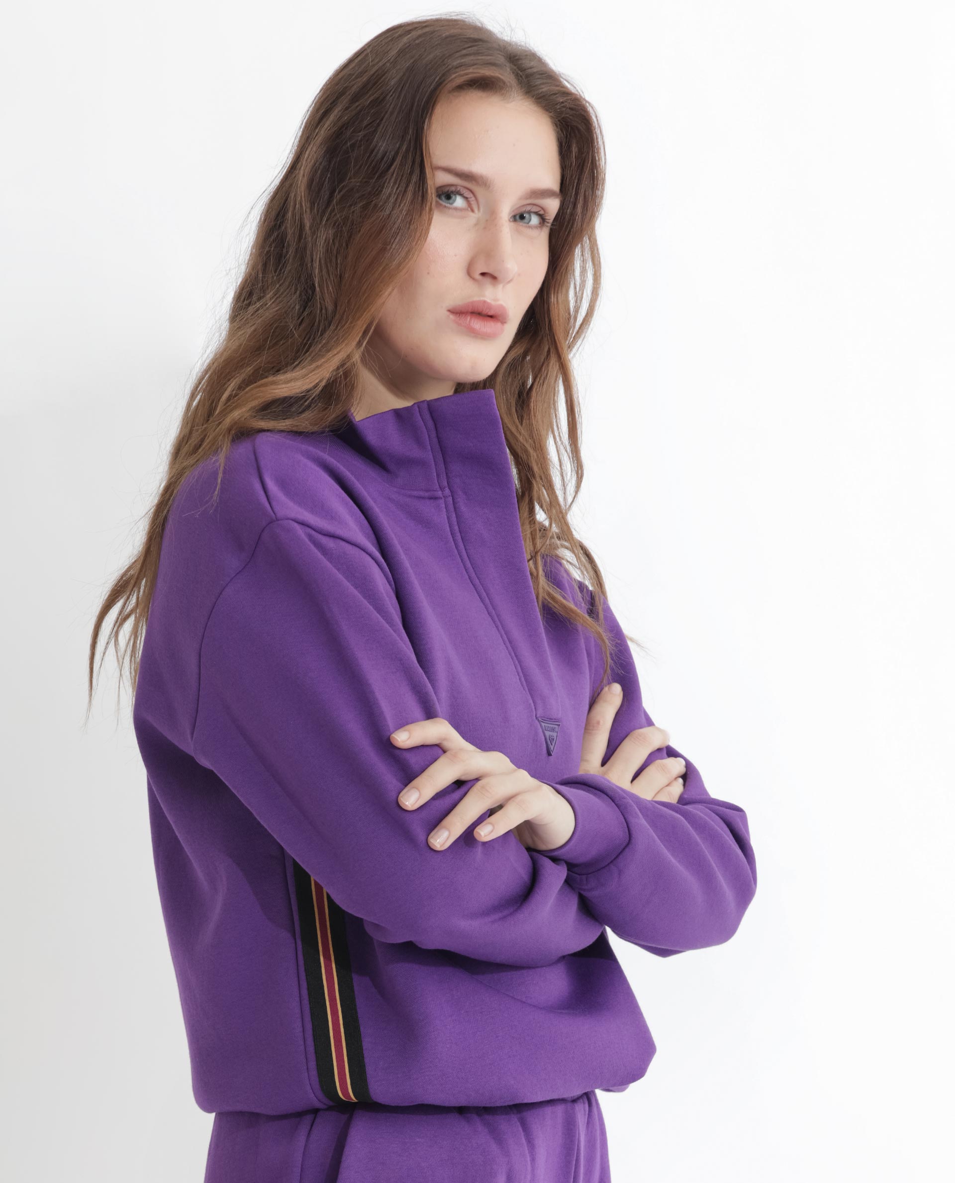 Rareism Women Aldrichh Purple Poly Cotton Fabric Regular Fit Full Sleeves Solid High Neck Sweatshirt