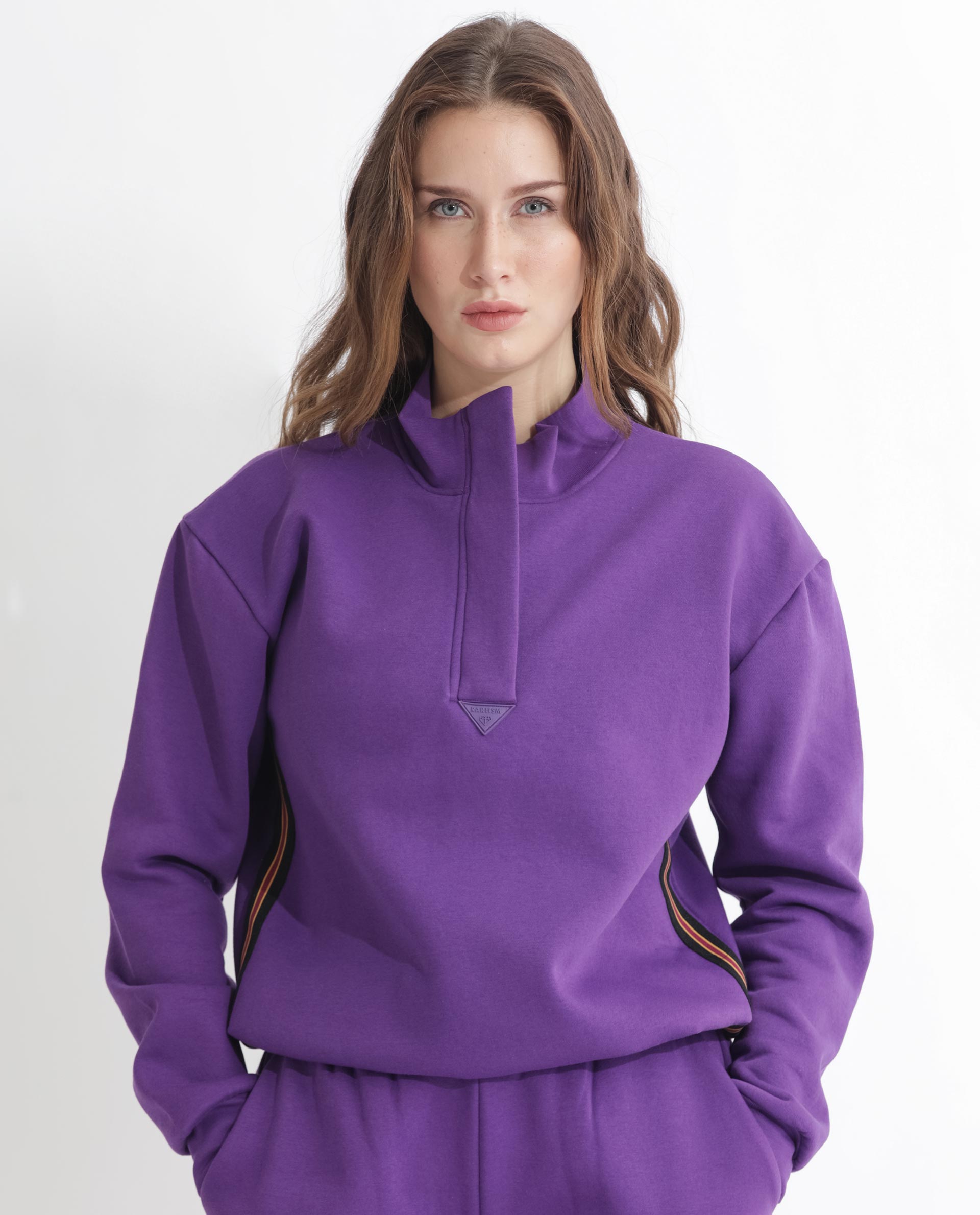 Rareism Women Aldrichh Purple Poly Cotton Fabric Regular Fit Full Sleeves Solid High Neck Sweatshirt