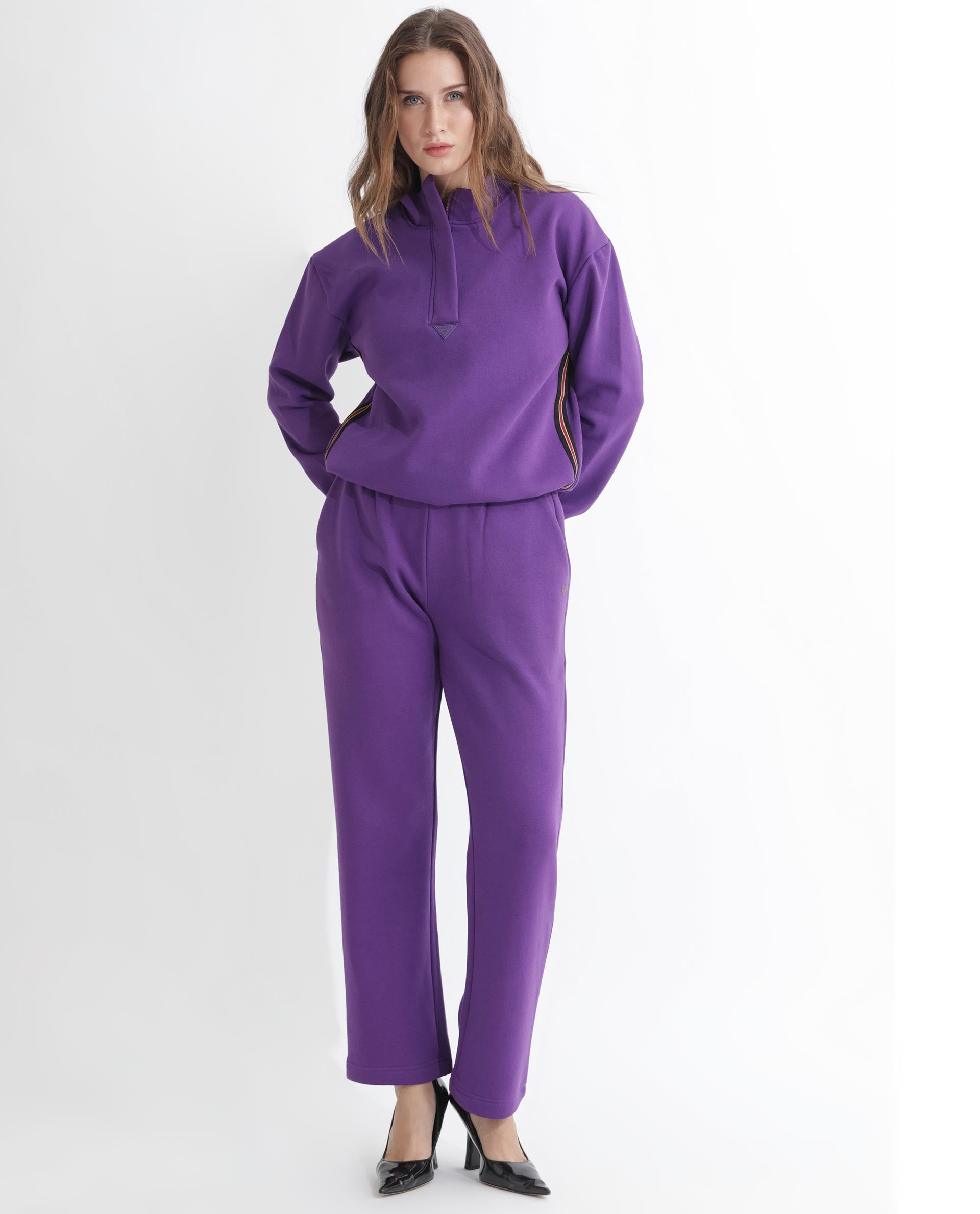 Rareism Women Aldrichh Purple Poly Cotton Fabric Regular Fit Full Sleeves Solid High Neck Sweatshirt