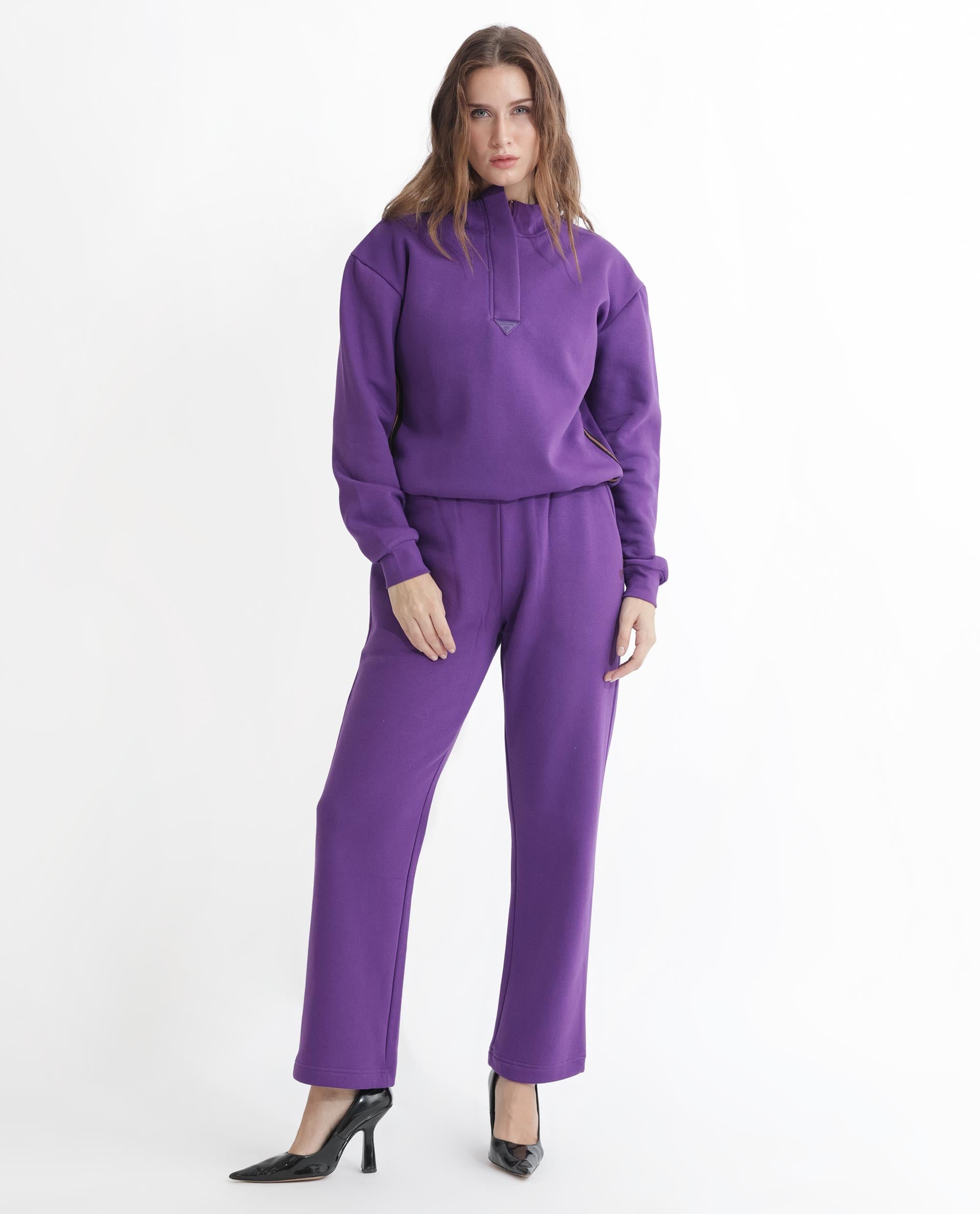 Rareism Women Aldrichh Purple Poly Cotton Fabric Regular Fit Full Sleeves Solid High Neck Sweatshirt