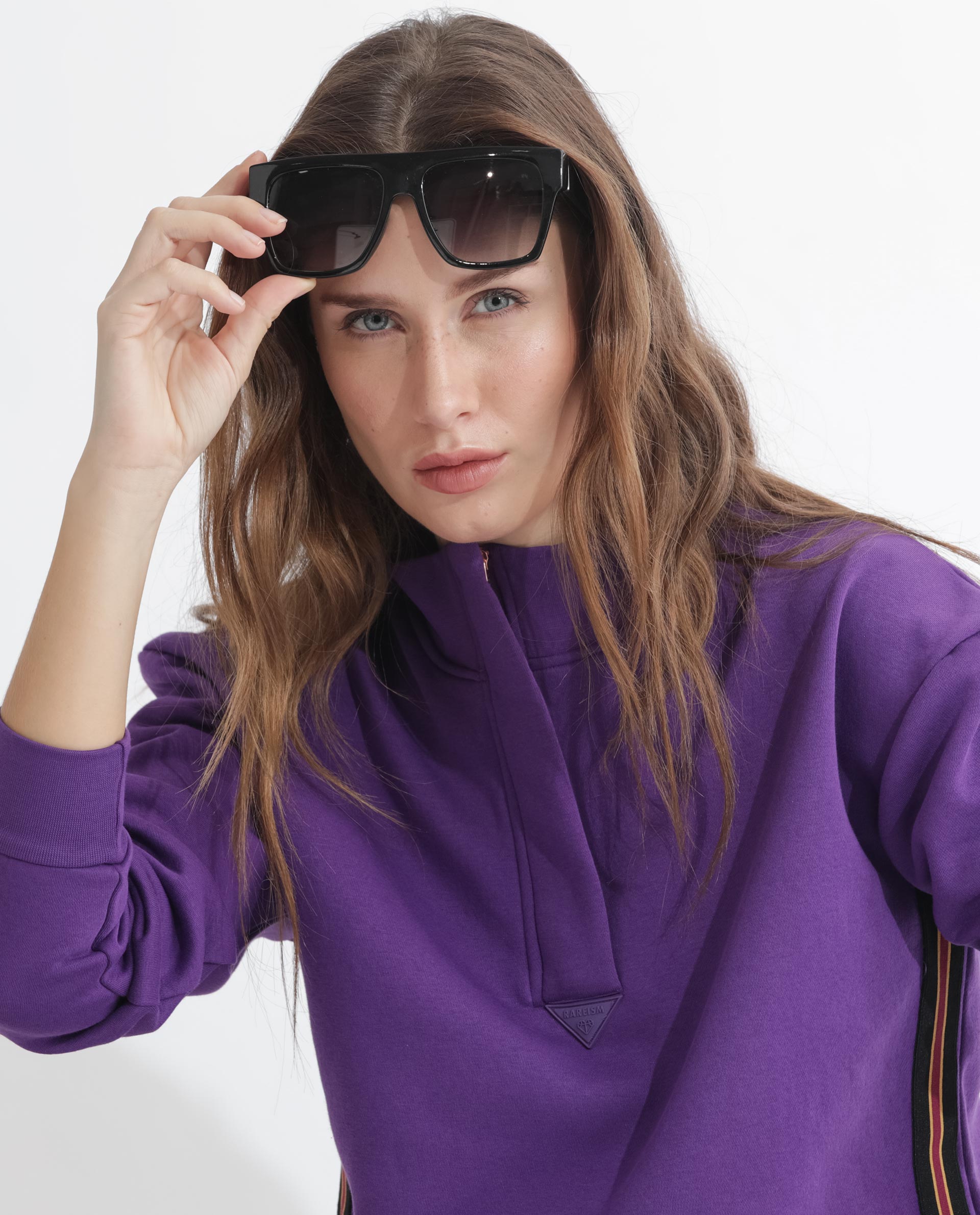 Rareism Women Aldrichh Purple Poly Cotton Fabric Regular Fit Full Sleeves Solid High Neck Sweatshirt