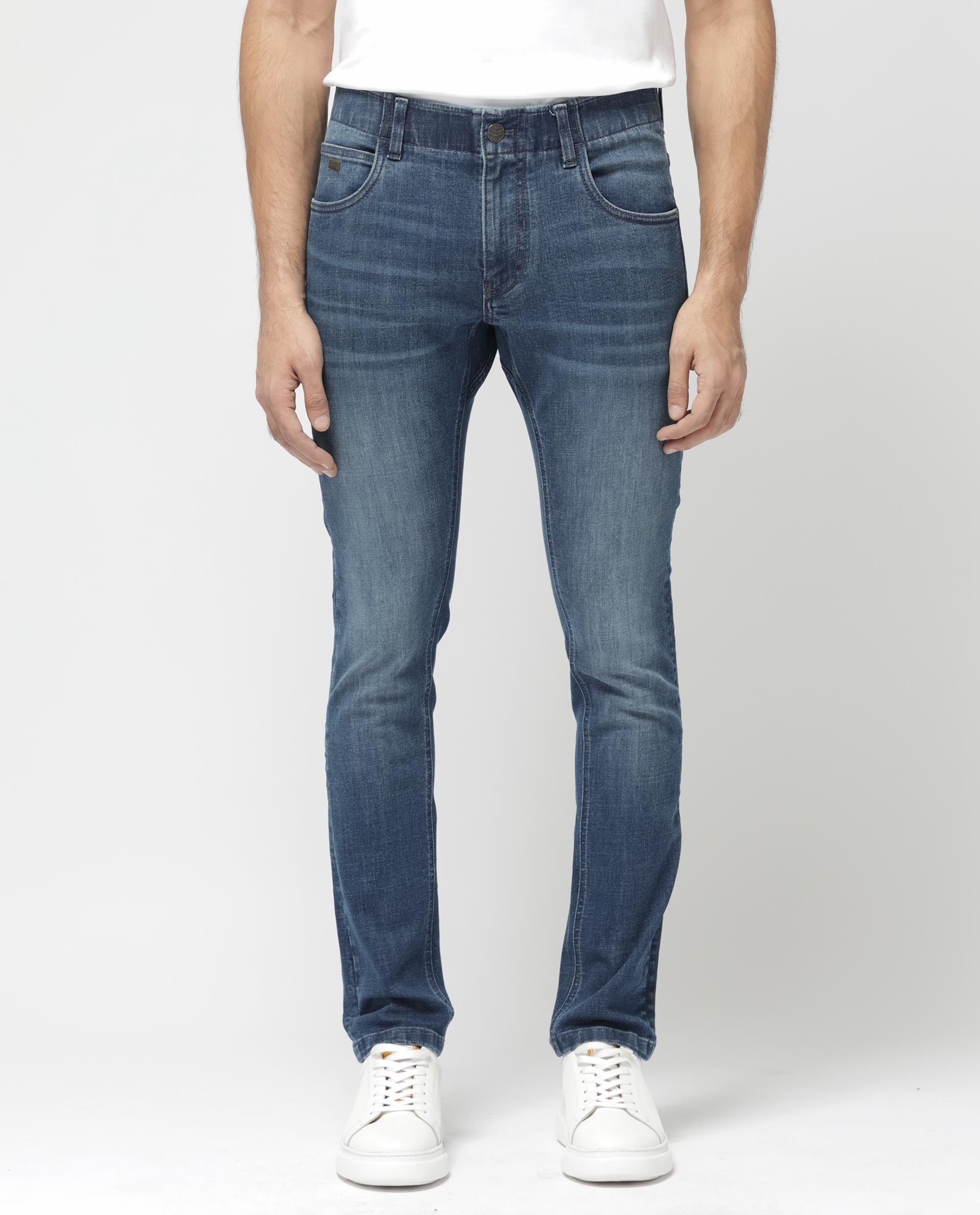 Rare Rabbit Mens Alec Blue Mid Wash Cotton Polyester Solid Skinny Fit Jeans