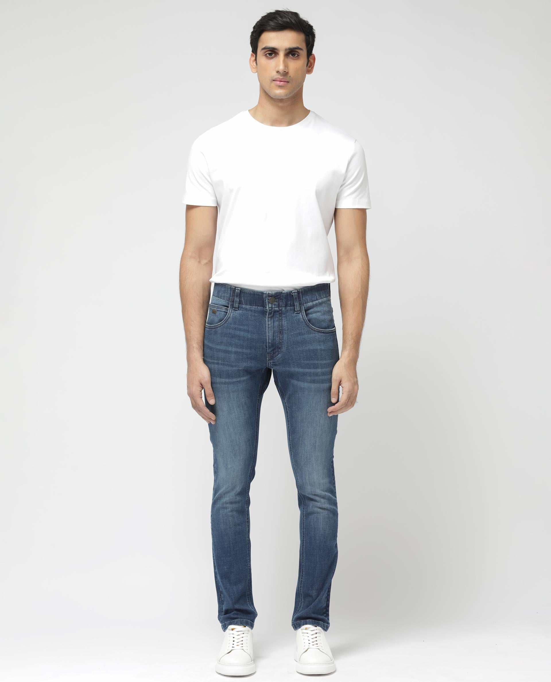 Rare Rabbit Mens Alec Blue Mid Wash Cotton Polyester Solid Skinny Fit