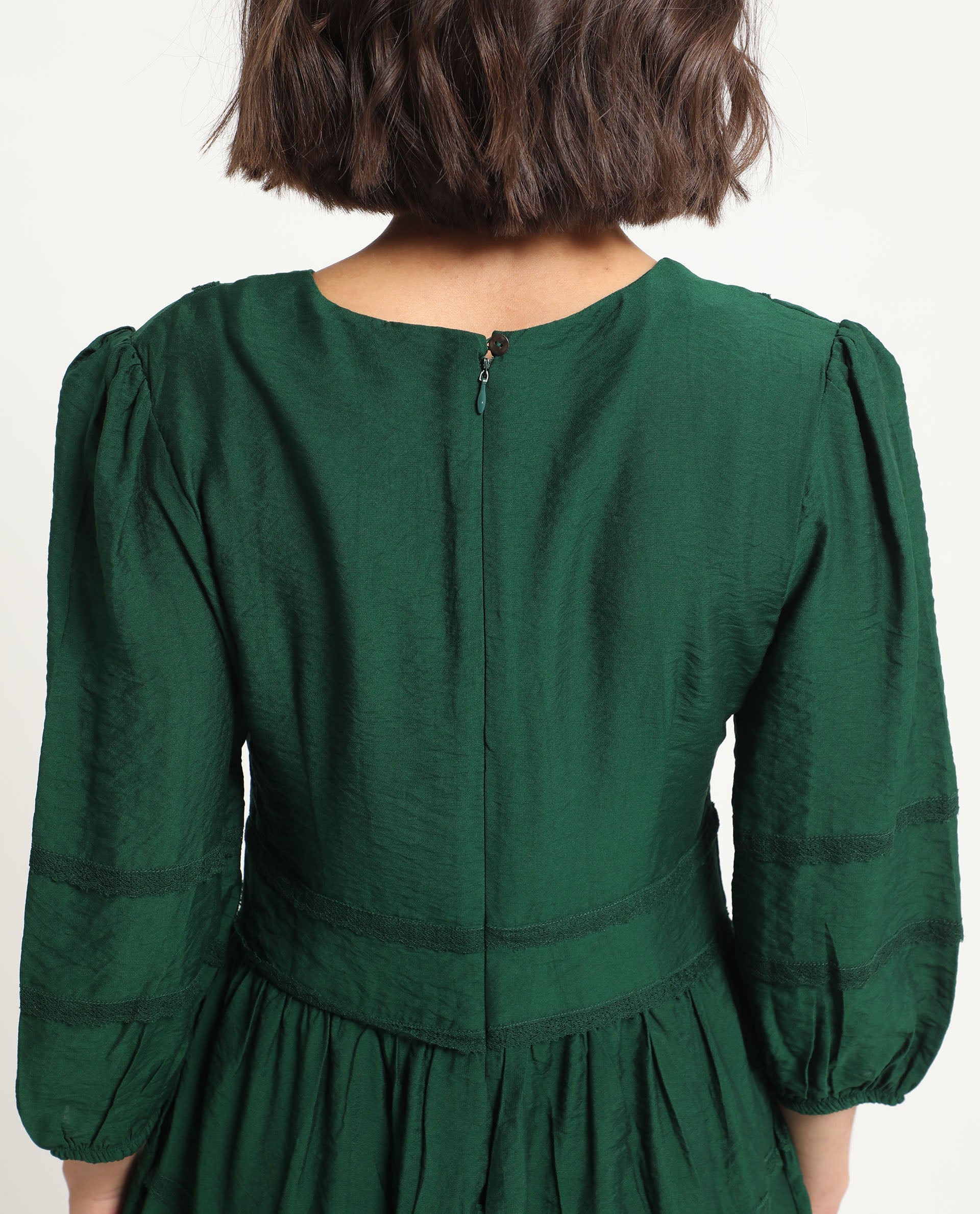 Rareism Women Alexa Dark Green Viscose Fabric 3/4Th Sleeves V-Neck Balloon Sleeve Regular Fit Plain Mini A-Line Dress