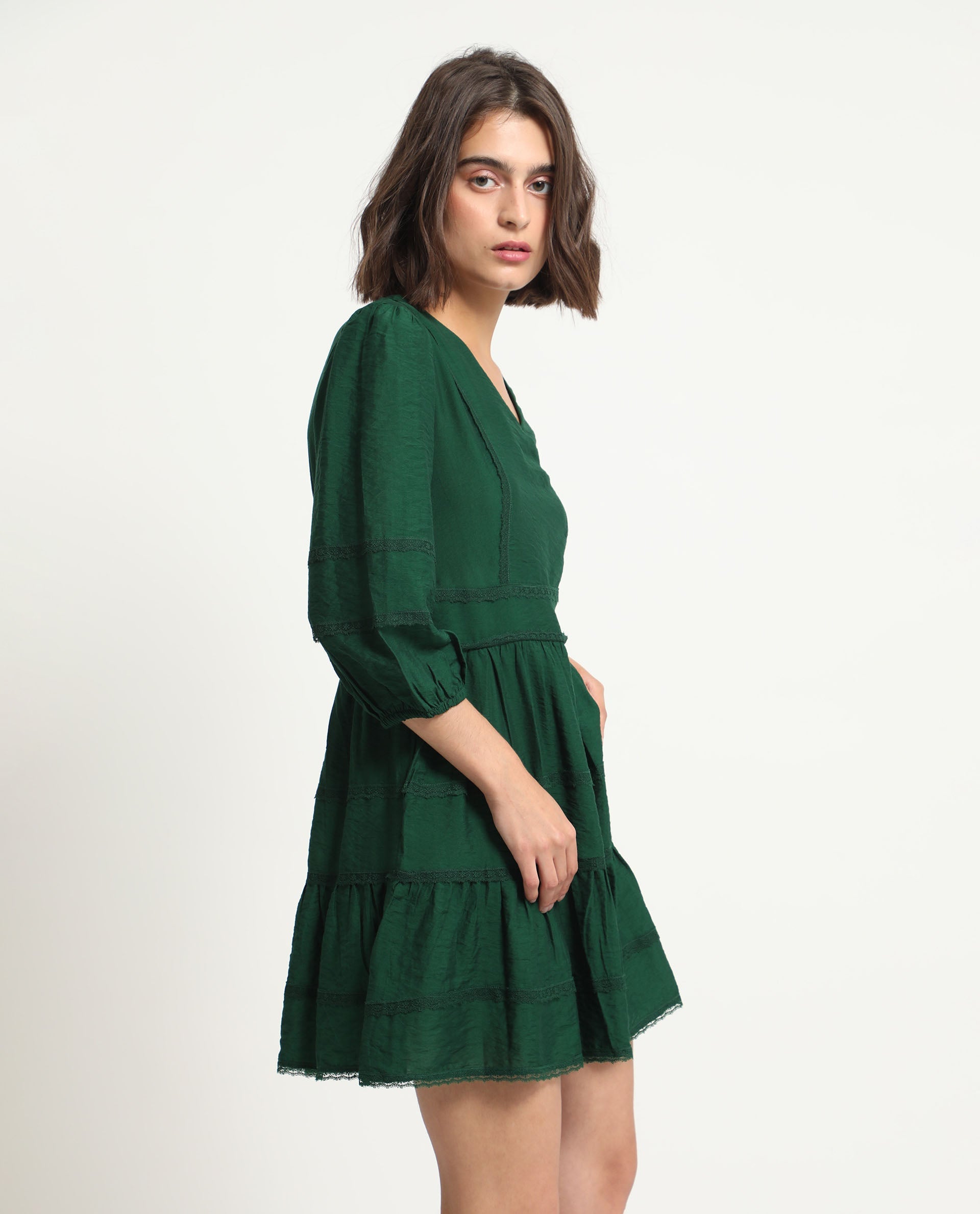 Rareism Women Alexa Dark Green Viscose Fabric 3/4Th Sleeves V-Neck Balloon Sleeve Regular Fit Plain Mini A-Line Dress