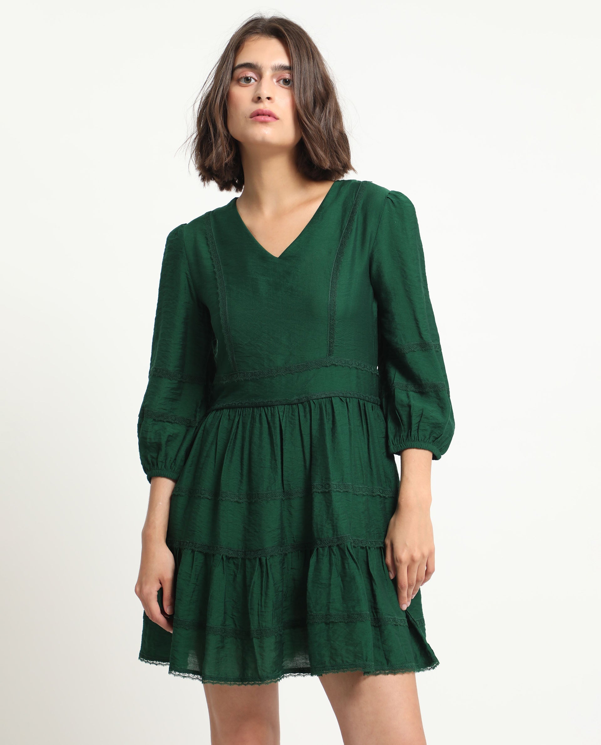Rareism Women Alexa Dark Green Viscose Fabric 3/4Th Sleeves V-Neck Balloon Sleeve Regular Fit Plain Mini A-Line Dress