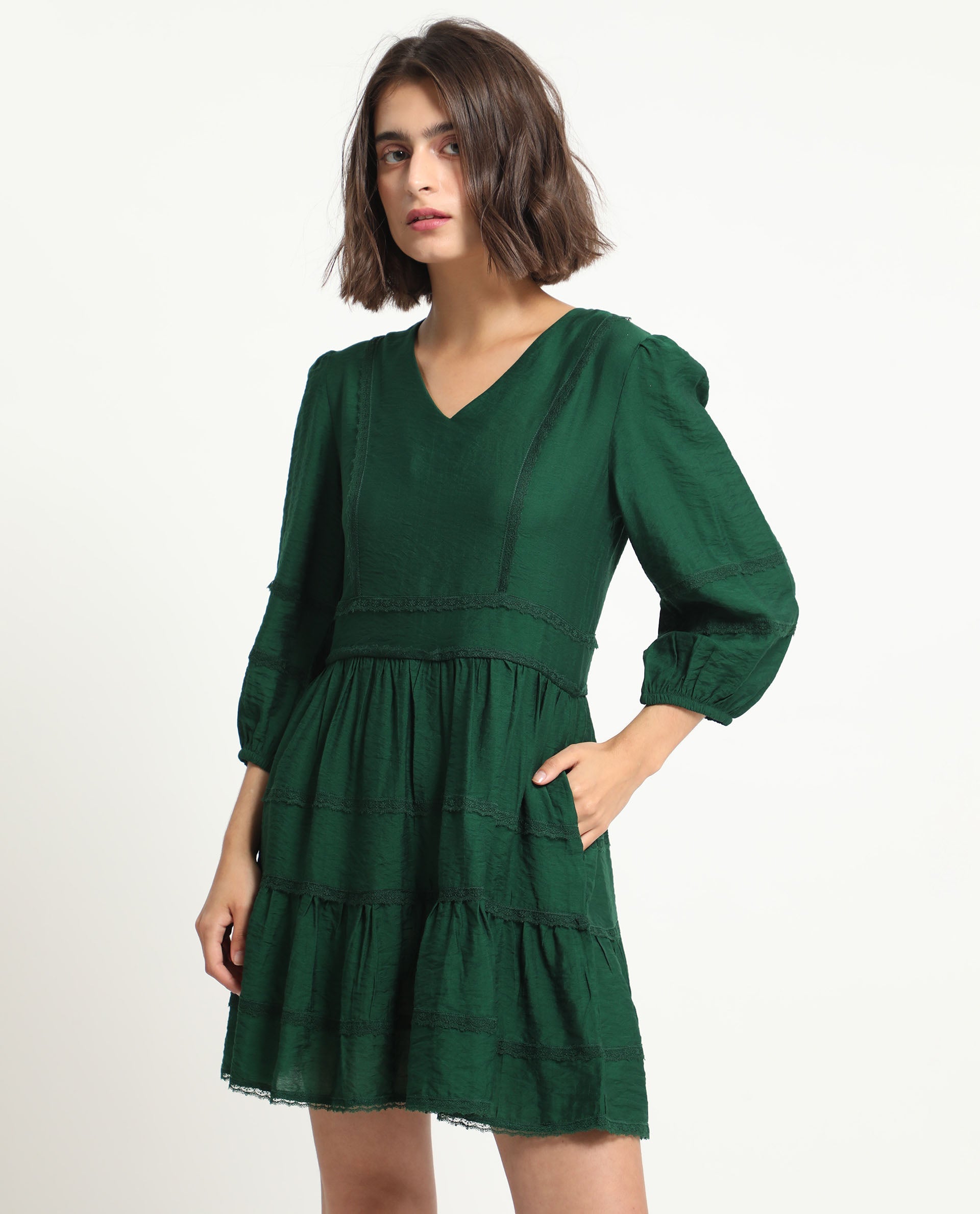 Rareism Women Alexa Dark Green Viscose Fabric 3/4Th Sleeves V-Neck Balloon Sleeve Regular Fit Plain Mini A-Line Dress