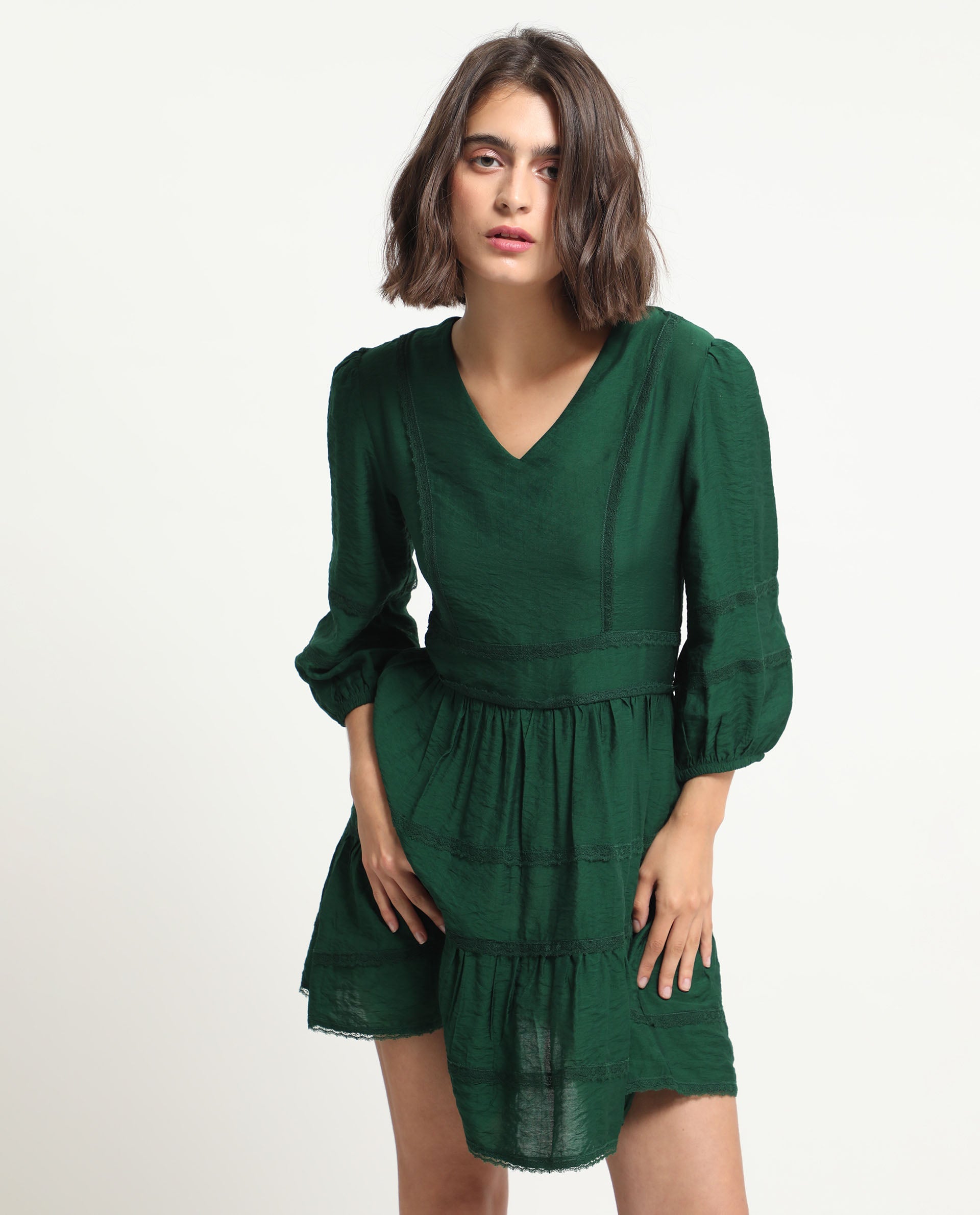 Rareism Women Alexa Dark Green Viscose Fabric 3/4Th Sleeves V-Neck Balloon Sleeve Regular Fit Plain Mini A-Line Dress