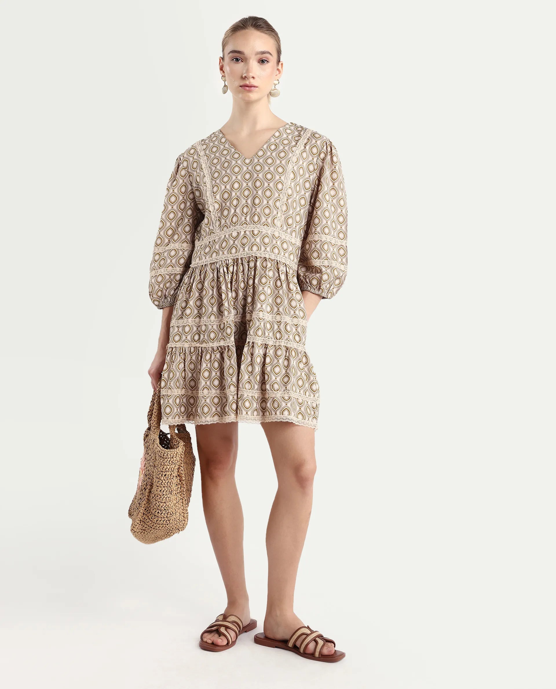 Rareism Women's Alexo Beige Nylon Blend V-Neck Geometric Print Puff Sleeves Mini Fit And Flare Dress