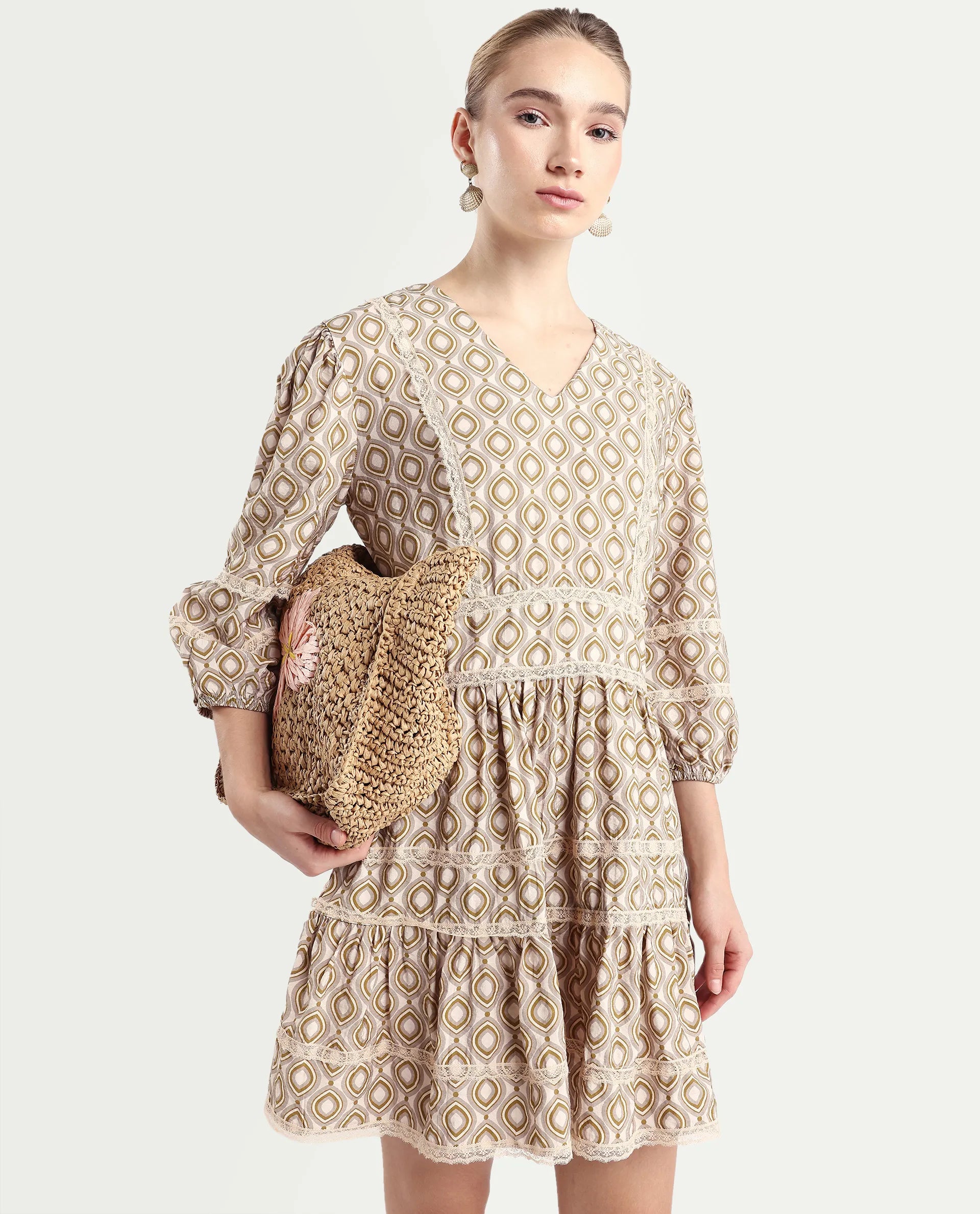 Rareism Women's Alexo Beige Nylon Blend V-Neck Geometric Print Puff Sleeves Mini Fit And Flare Dress