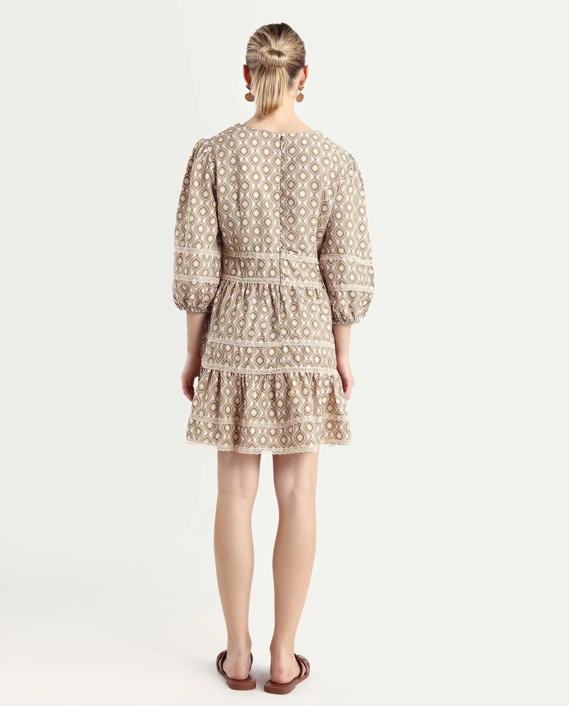 Rareism Women's Alexo Beige Nylon Blend V-Neck Geometric Print Puff Sleeves Mini Fit And Flare Dress