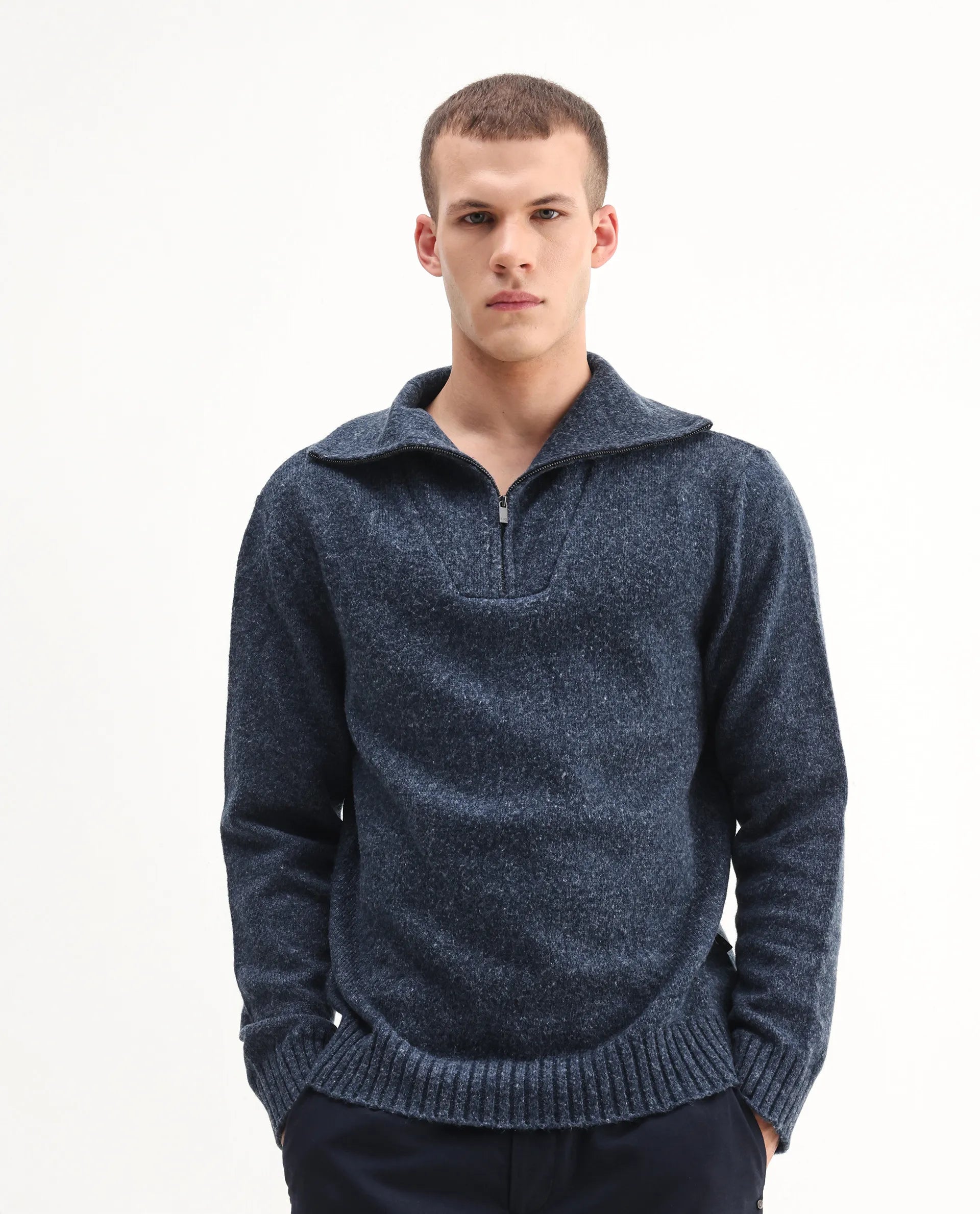 Rare Rabbit Men's Alfert Dusky Navy Polyester Plain Regular Fit Full Sleeve High Neck Sweater