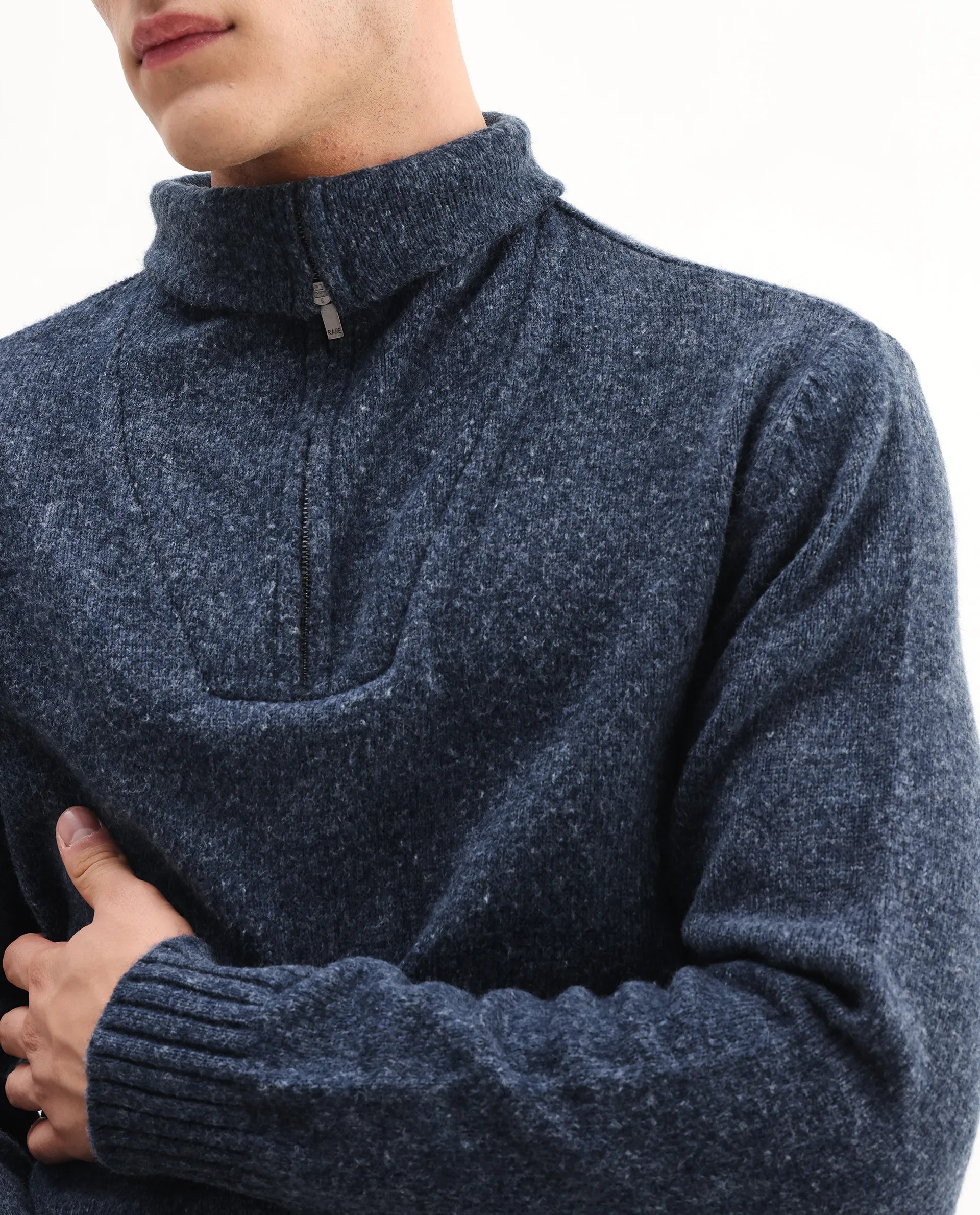 Rare Rabbit Men's Alfert Dusky Navy Polyester Plain Regular Fit Full Sleeve High Neck Sweater