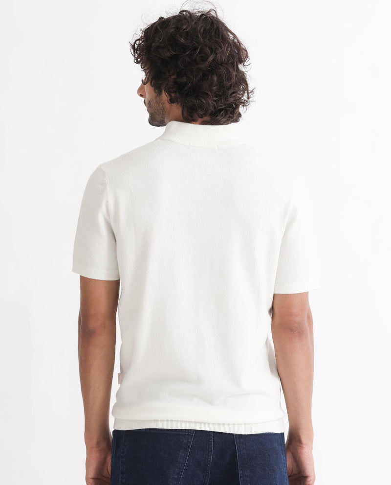 Rare Rabbit Men's Alfet Z White Half Sleeves High Neck Zipper Collar Knitted T-Shirt