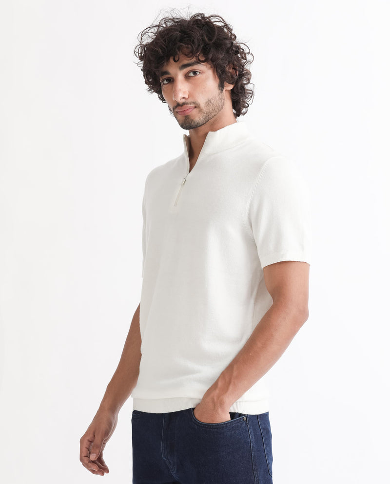 Rare Rabbit Men's Alfet Z White Half Sleeves High Neck Zipper Collar Knitted T-Shirt