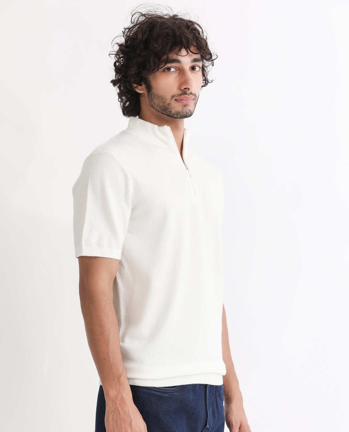 Rare Rabbit Men's Alfet Z White Half Sleeves High Neck Zipper Collar Knitted T-Shirt