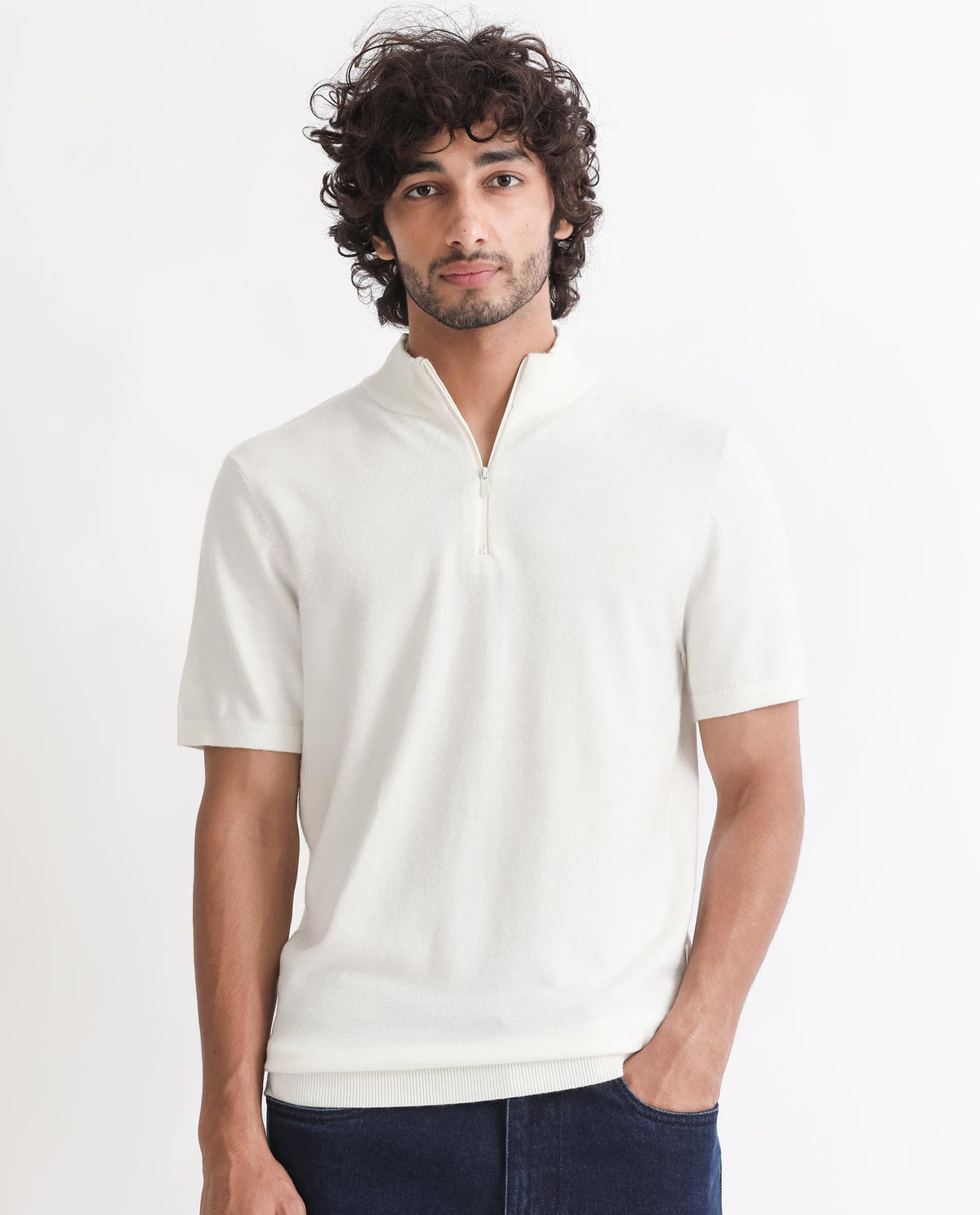 Rare Rabbit Men's Alfet Z White Half Sleeves High Neck Zipper Collar Knitted T-Shirt