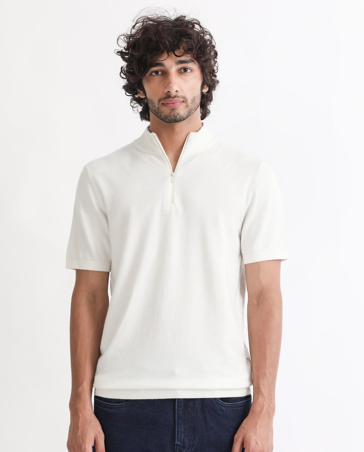 Rare Rabbit Men's Alfet Z White Half Sleeves High Neck Zipper Collar Knitted T-Shirt