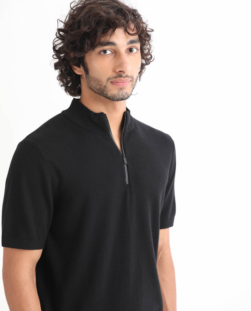 Rare Rabbit Men's Alfet Z Black Half Sleeves High Neck Zipper Collar Knitted T-Shirt