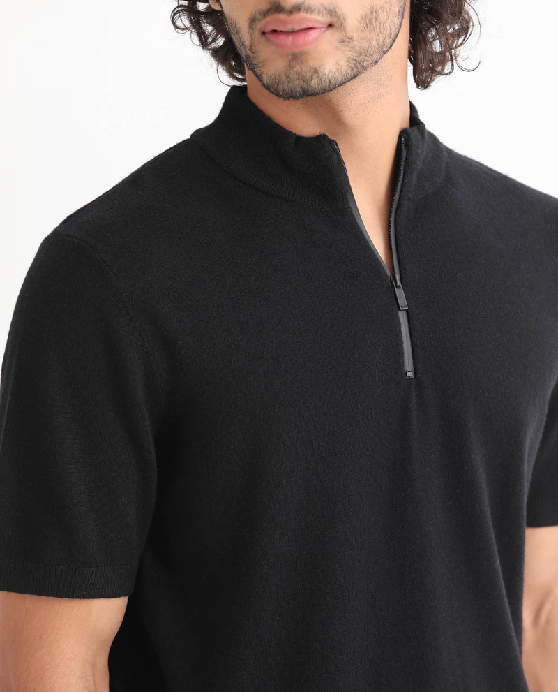 Rare Rabbit Men's Alfet Z Black Half Sleeves High Neck Zipper Collar Knitted T-Shirt