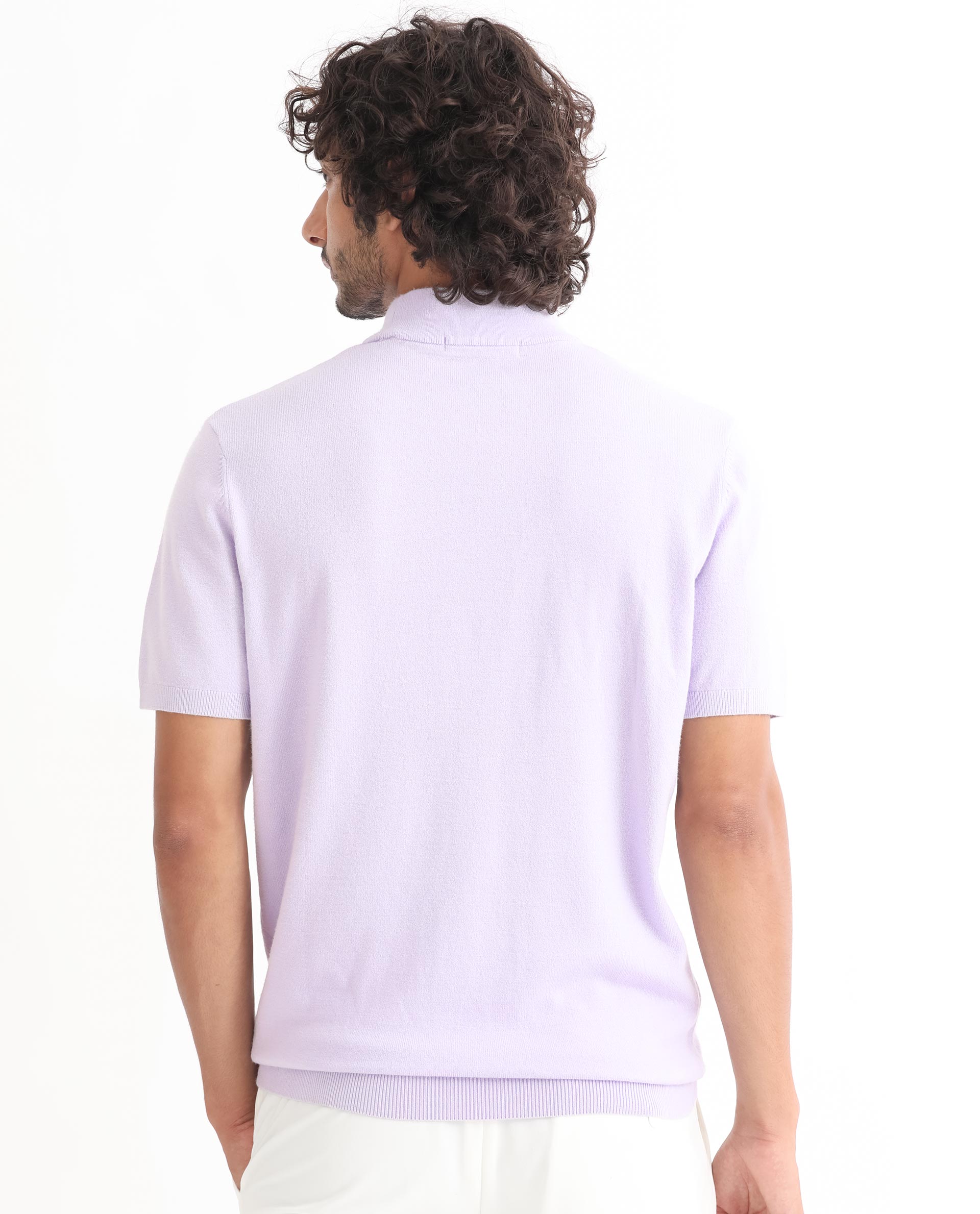Rare Rabbit Men's Alfet Pastel Purple Half Sleeves High Neck Knitted T-Shirt