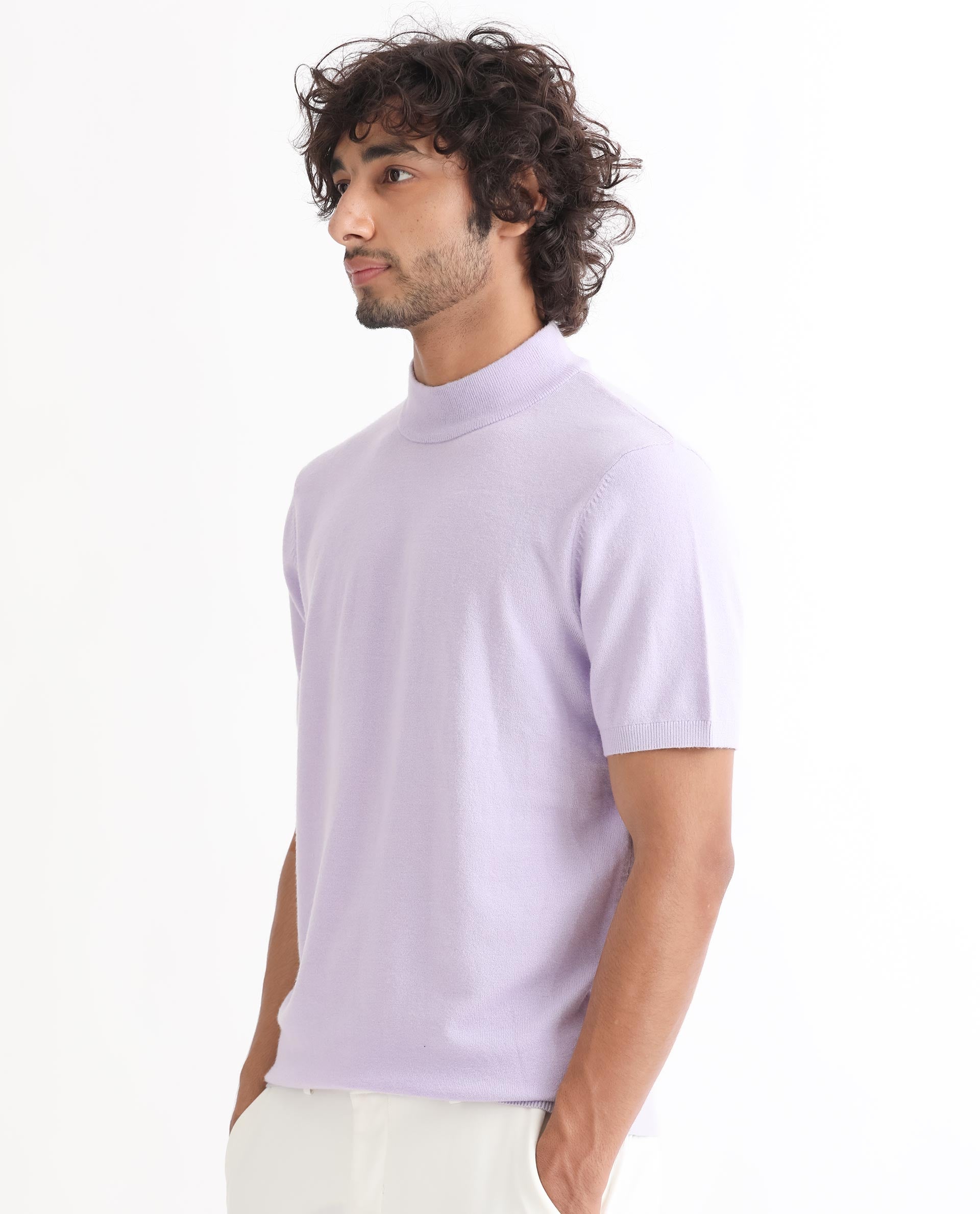 Rare Rabbit Men's Alfet Pastel Purple Half Sleeves High Neck Knitted T-Shirt