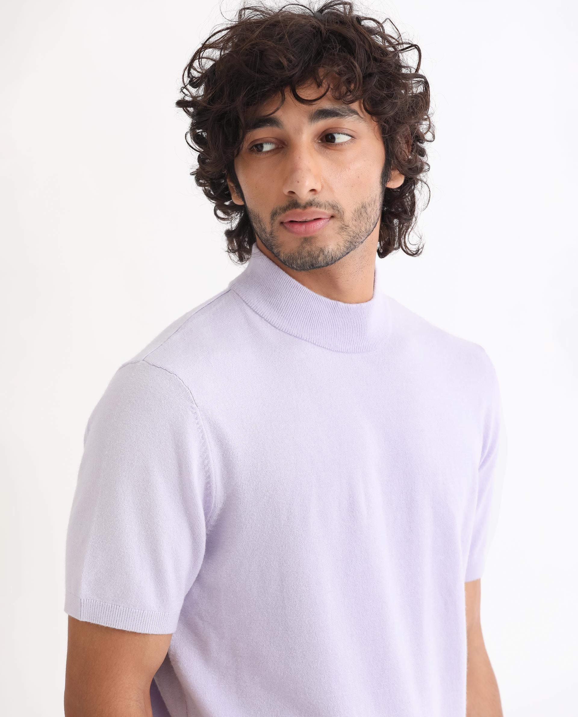 Rare Rabbit Men's Alfet Pastel Purple Half Sleeves High Neck Knitted T-Shirt