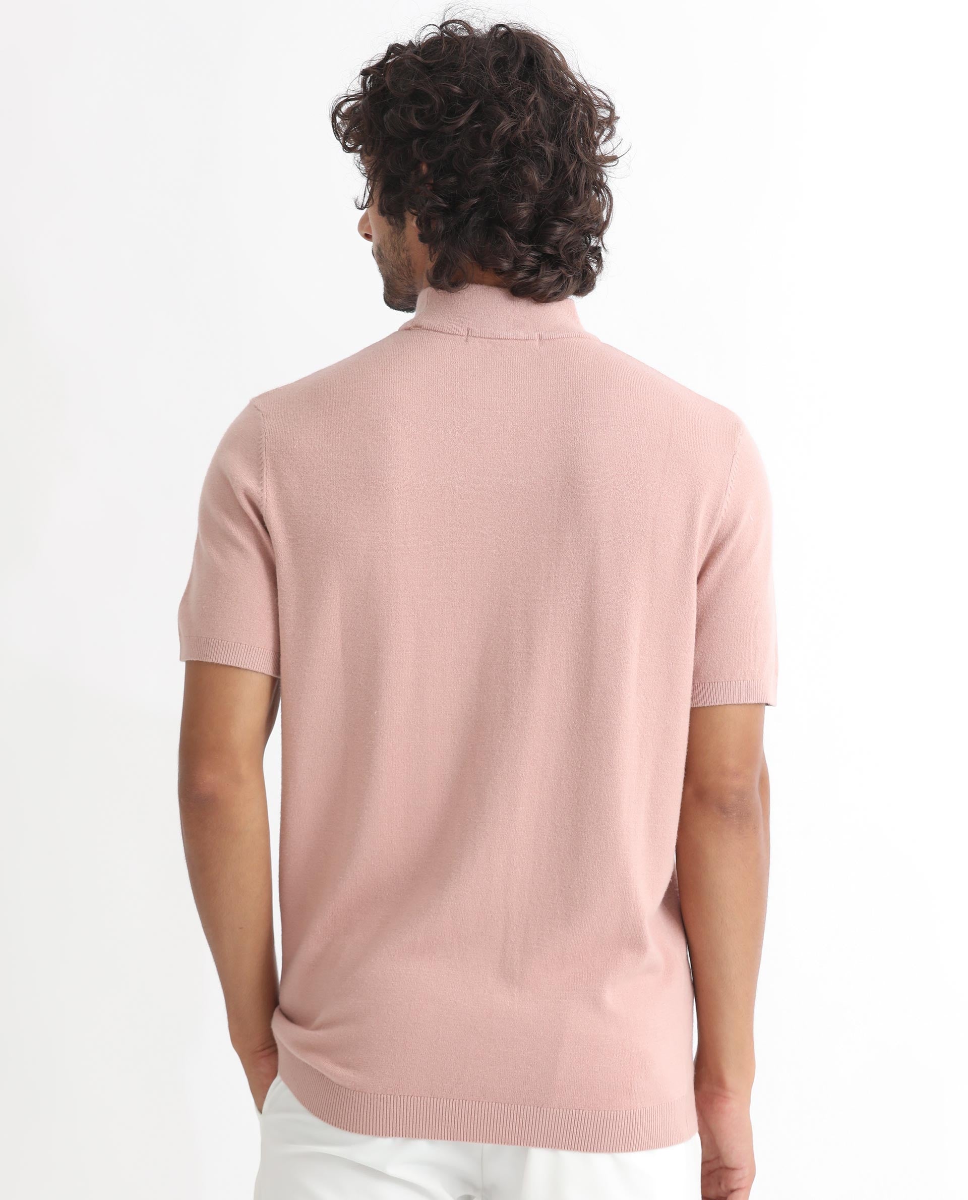 Rare Rabbit Men's Alfet Peach Half Sleeves High Neck Knitted T-Shirt
