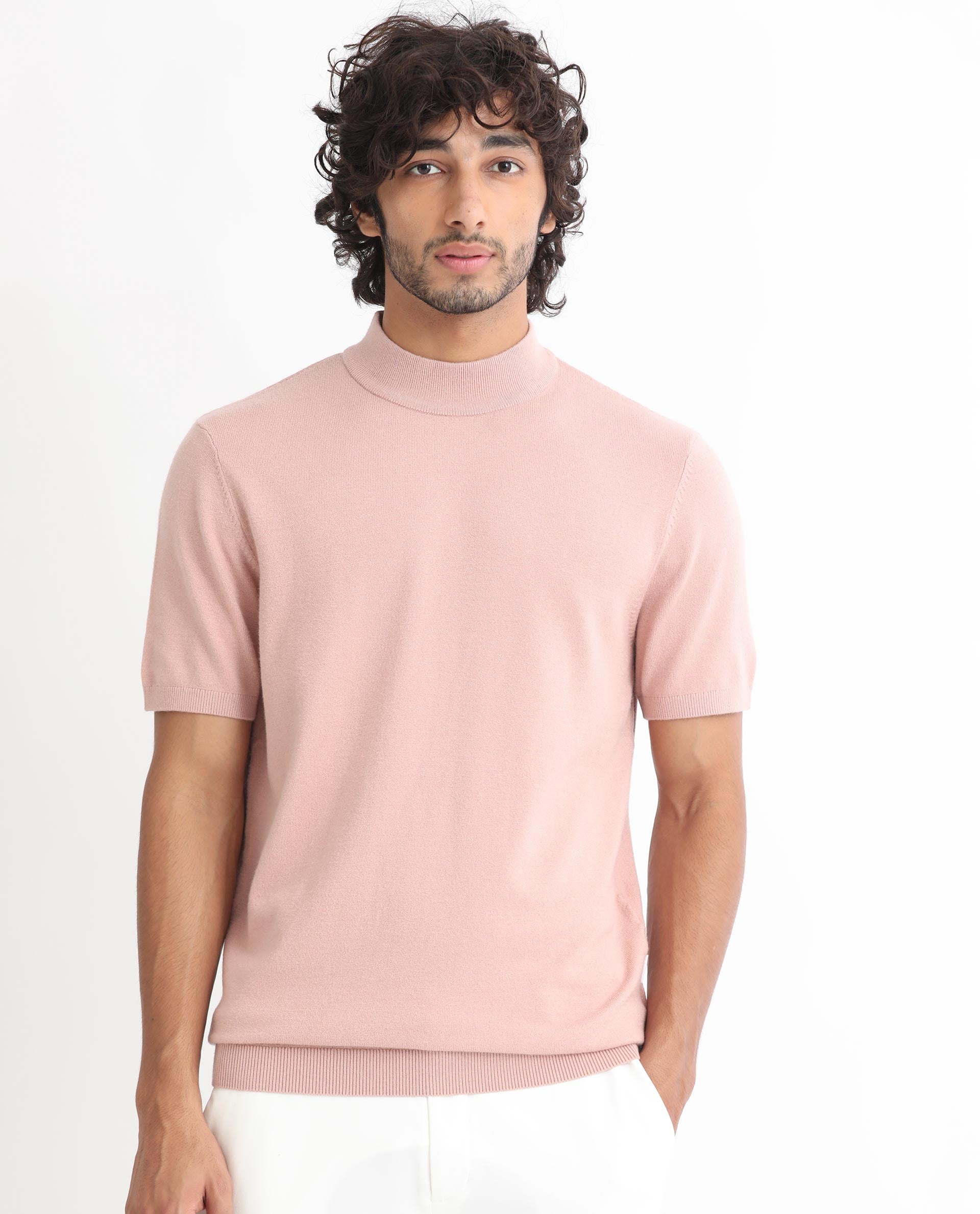 Rare Rabbit Men's Alfet Peach Viscose Plain Slim Fit Half Sleeve High Neck T-Shirt
