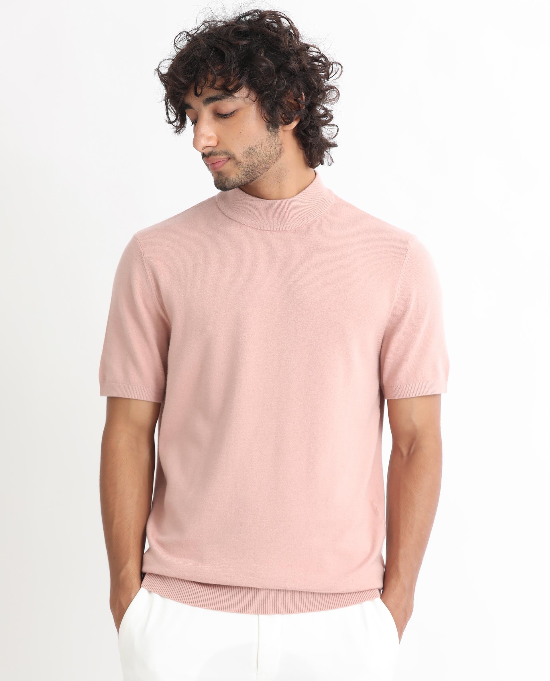 Rare Rabbit Men's Alfet Peach Half Sleeves High Neck Knitted T-Shirt