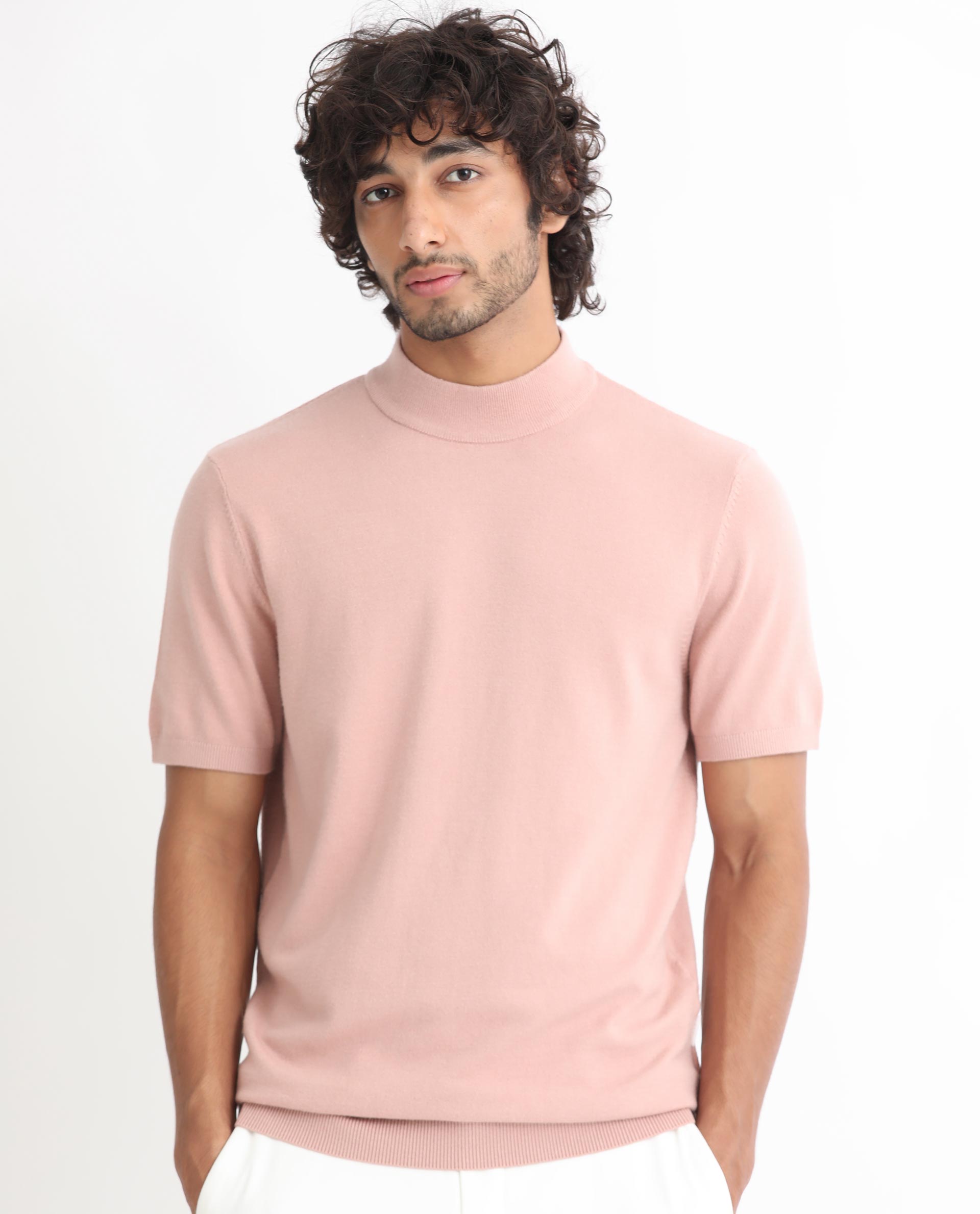 Rare Rabbit Men's Alfet Peach Half Sleeves High Neck Knitted T-Shirt