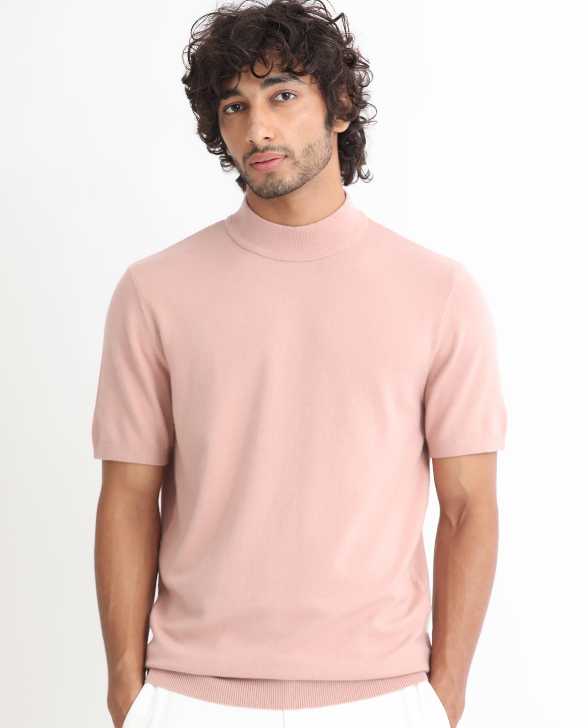 Rare Rabbit Men's Alfet Peach Viscose Plain Slim Fit Half Sleeve High Neck T-Shirt
