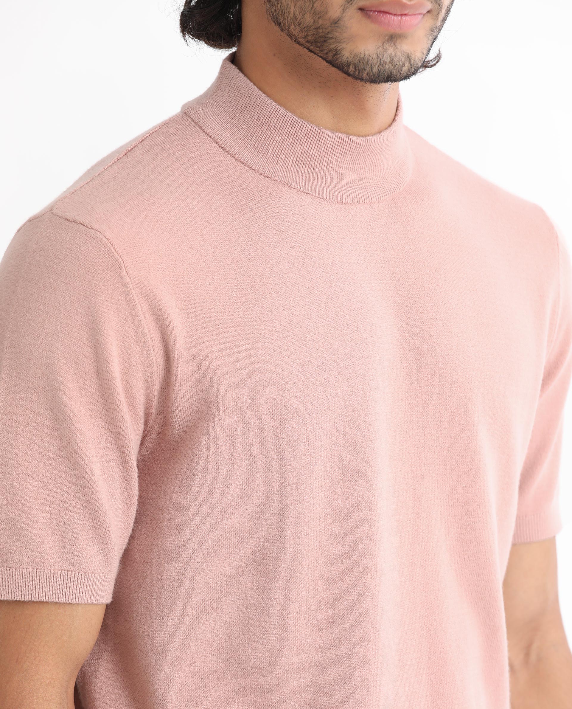 Rare Rabbit Men's Alfet Peach Half Sleeves High Neck Knitted T-Shirt