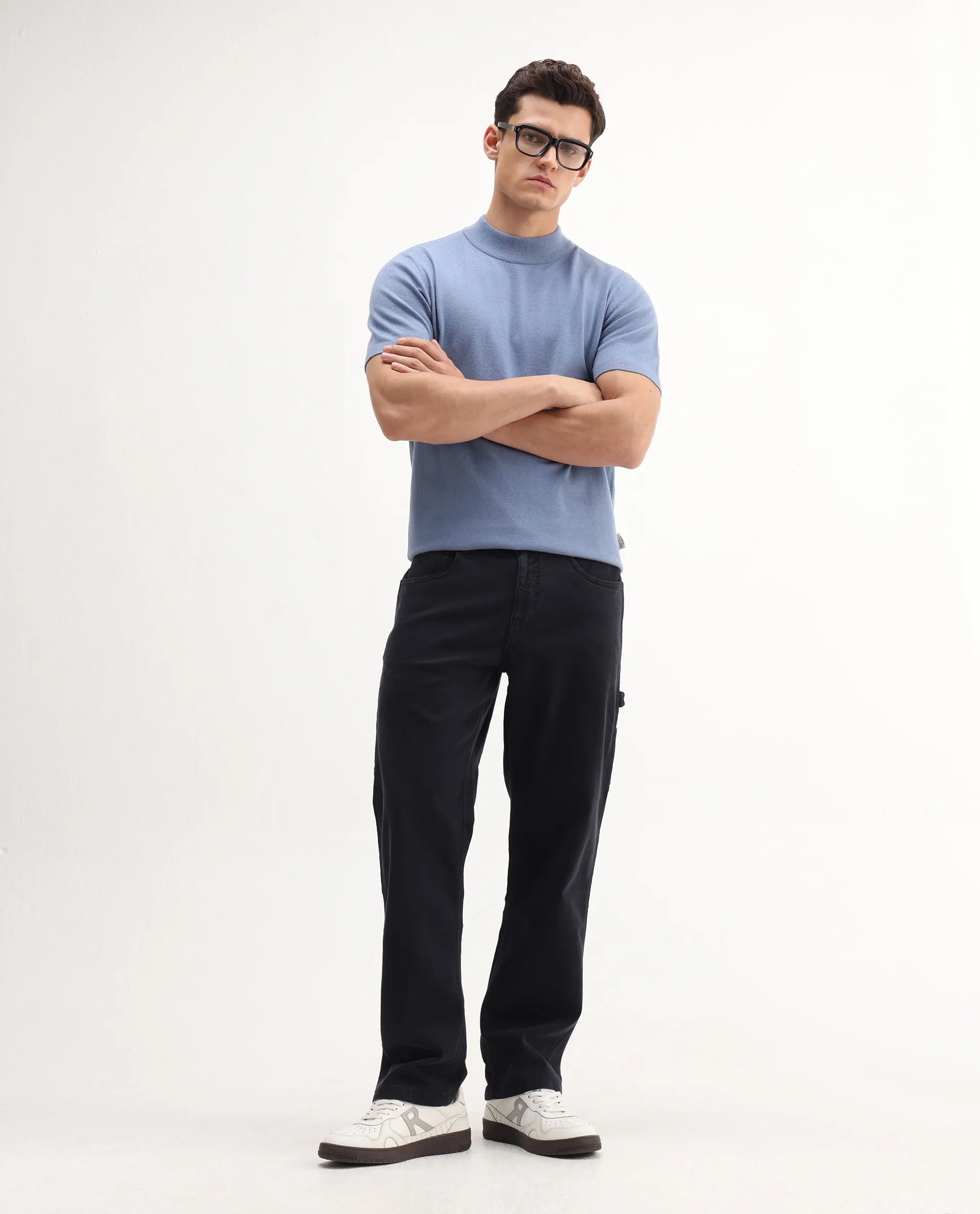 Rare Rabbit Men's Alfet-25 Dusky Blue Viscose Plain Regular Fit Half Sleeve High Neck T-Shirt