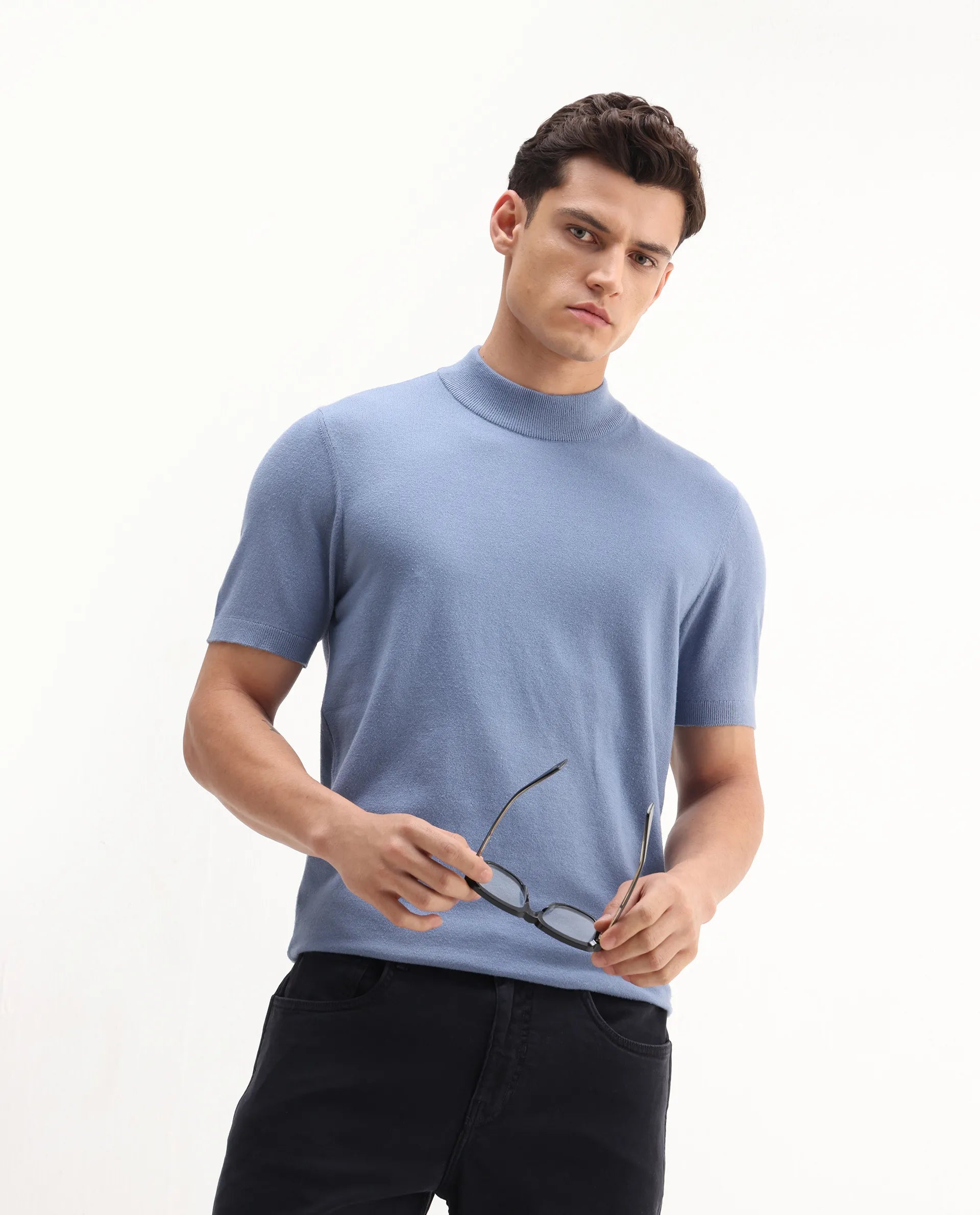Rare Rabbit Men's Alfet-25 Dusky Blue Viscose Plain Regular Fit Half Sleeve High Neck T-Shirt