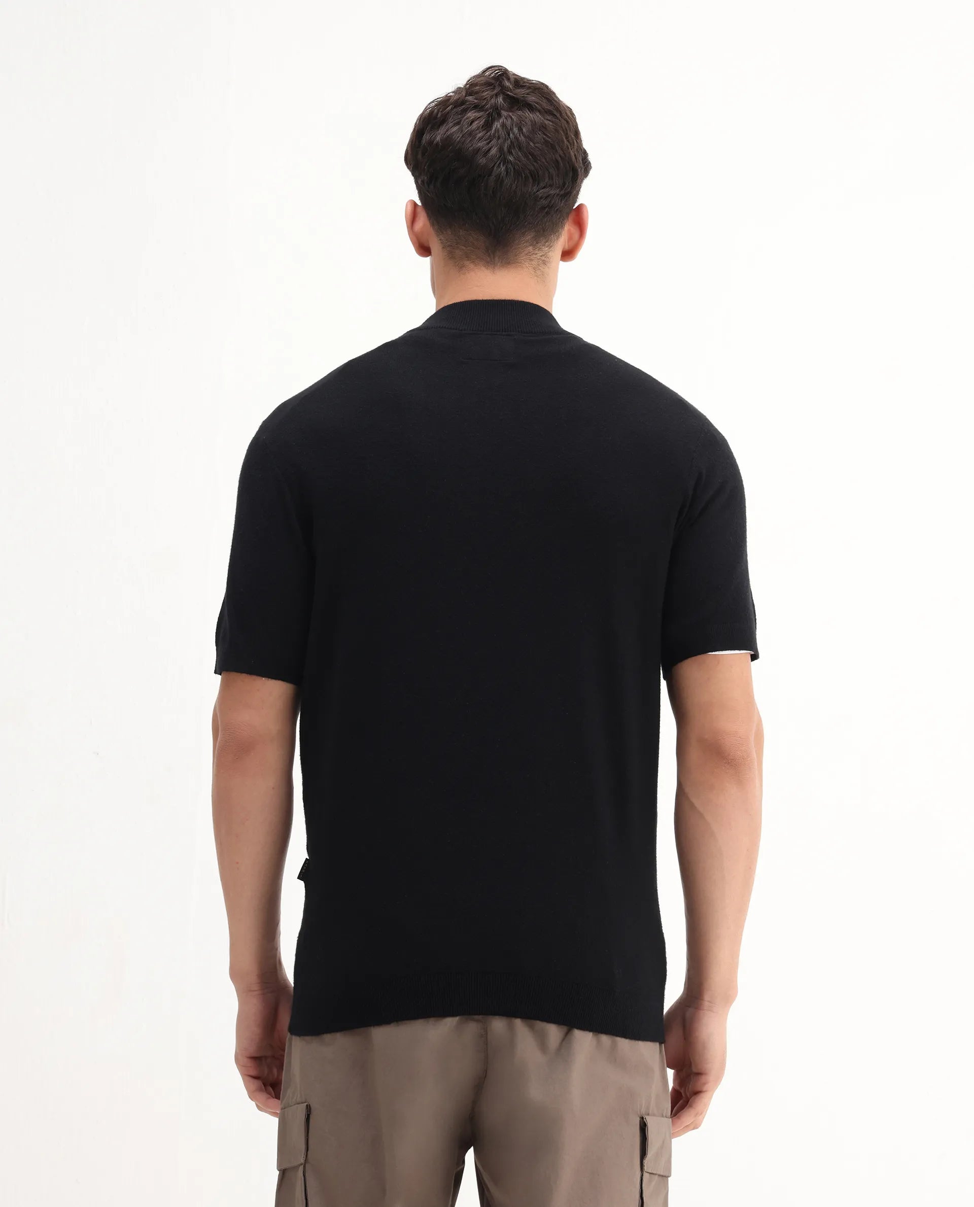 Rare Rabbit Men's Alfeto-25 Black Viscose Plain Regular Fit Half Sleeve High Neck T-Shirt