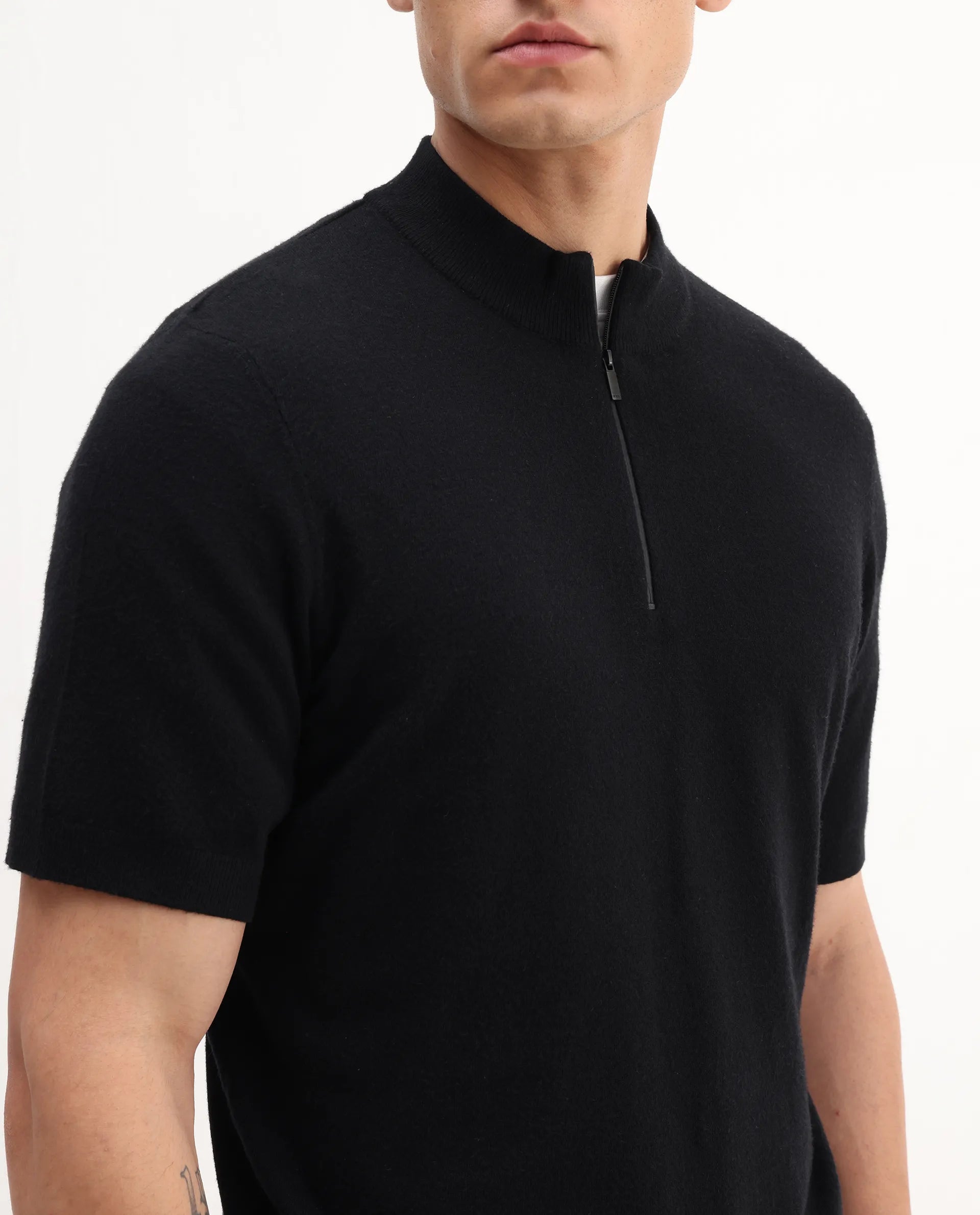 Rare Rabbit Men's Alfeto-25 Black Viscose Plain Regular Fit Half Sleeve High Neck T-Shirt