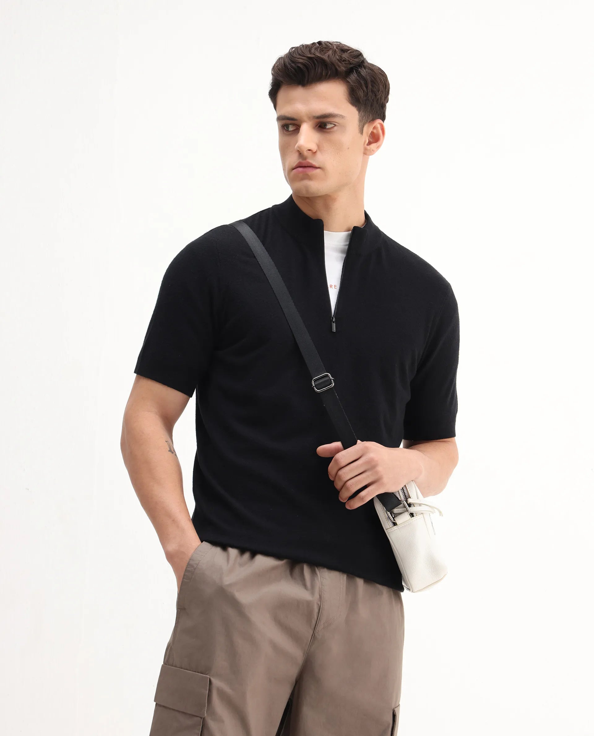 Rare Rabbit Men's Alfeto-25 Black Viscose Plain Regular Fit Half Sleeve High Neck T-Shirt