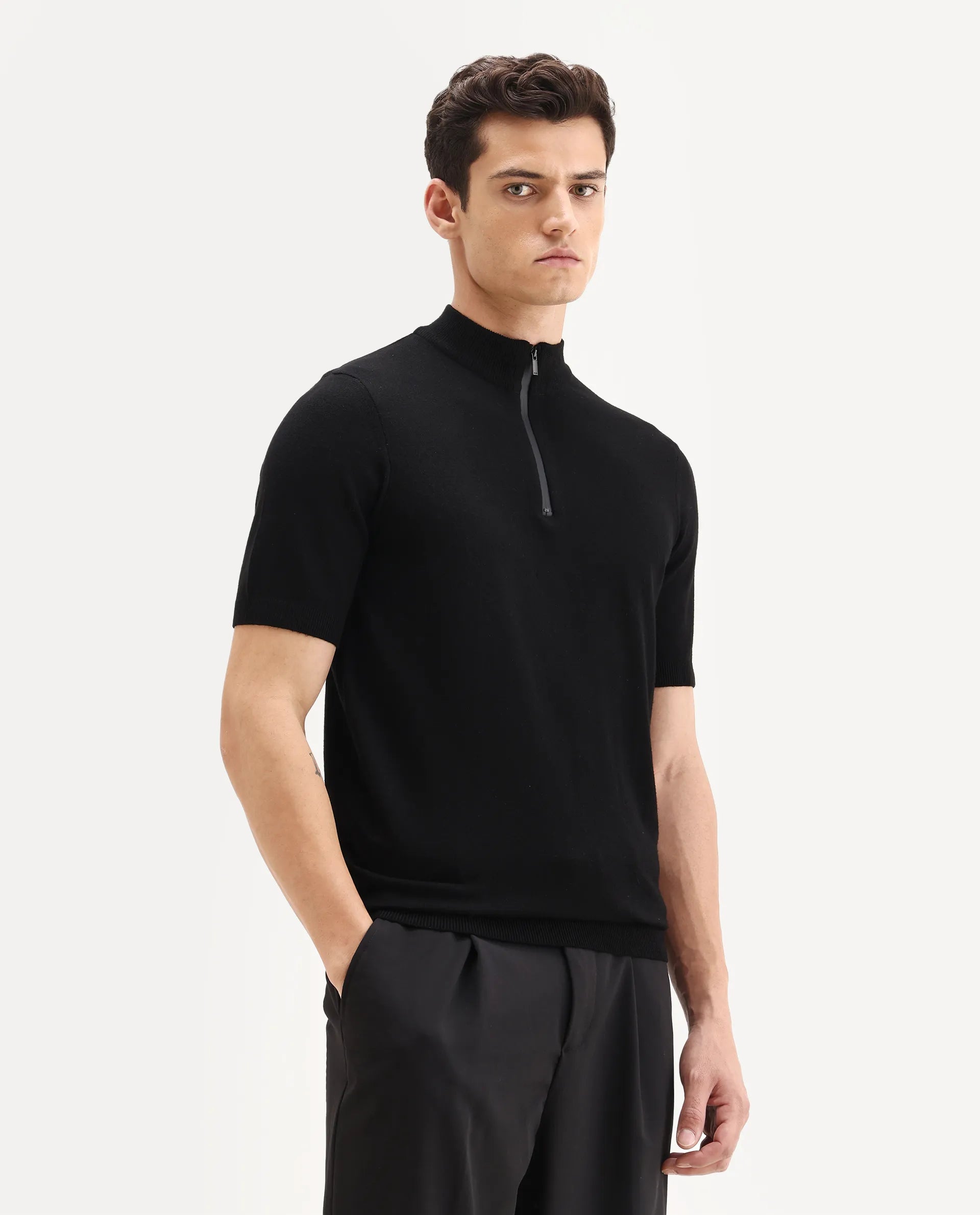 Rare Rabbit Men's Alfeto Black Viscose Plain Regular Fit Half Sleeve Polo