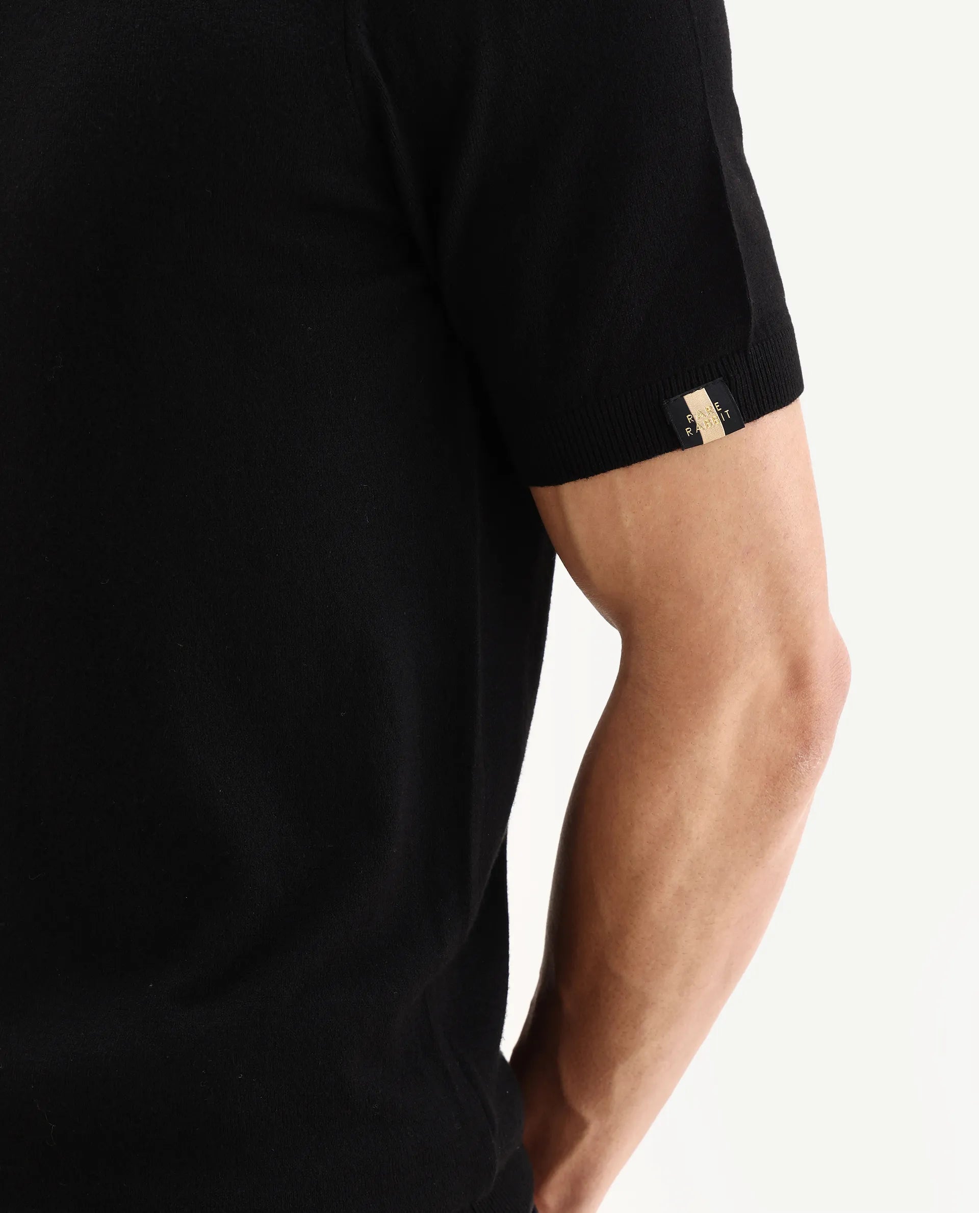 Rare Rabbit Men's Alfeto Black Viscose Plain Regular Fit Half Sleeve Polo