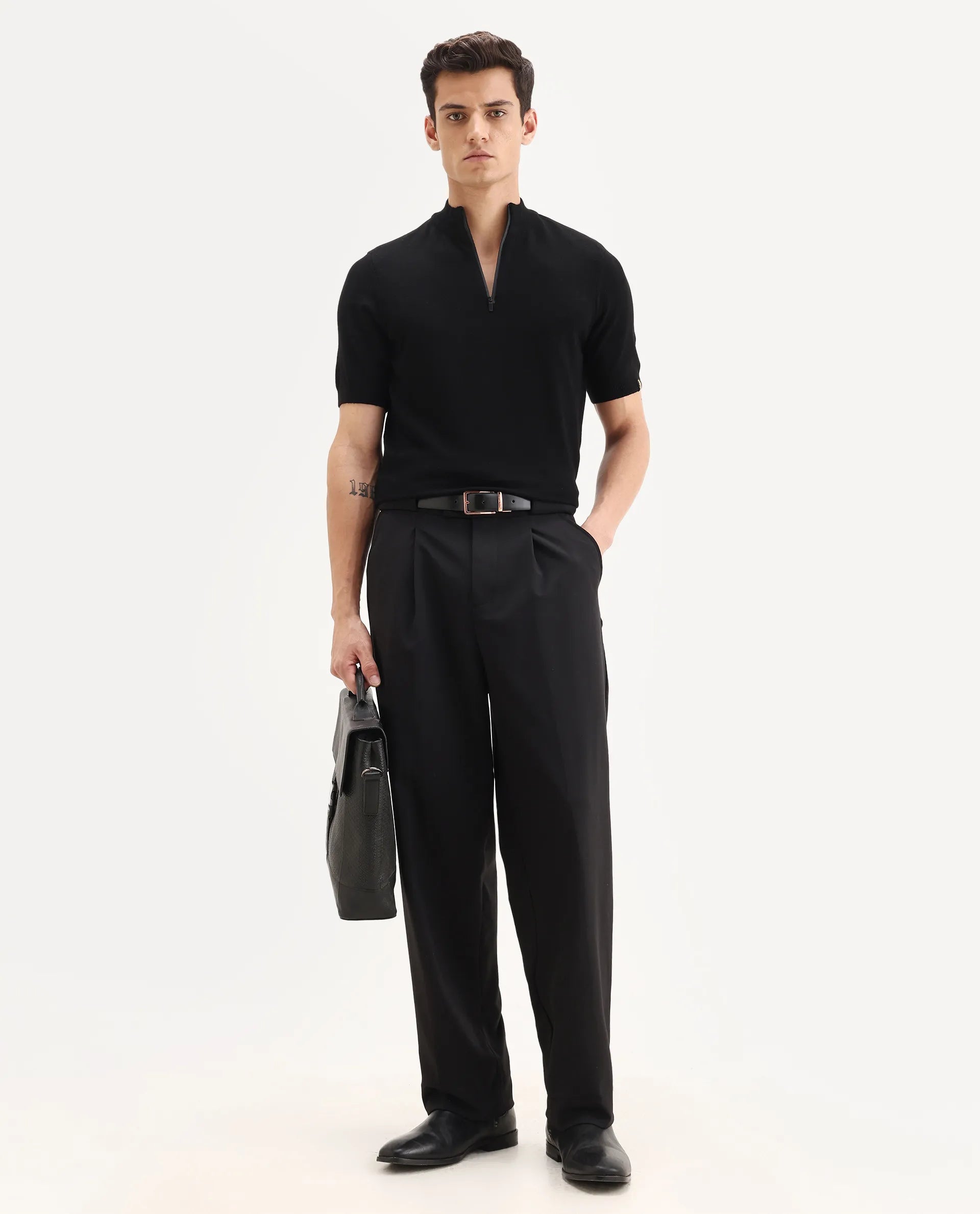 Rare Rabbit Men's Alfeto Black Viscose Plain Regular Fit Half Sleeve Polo