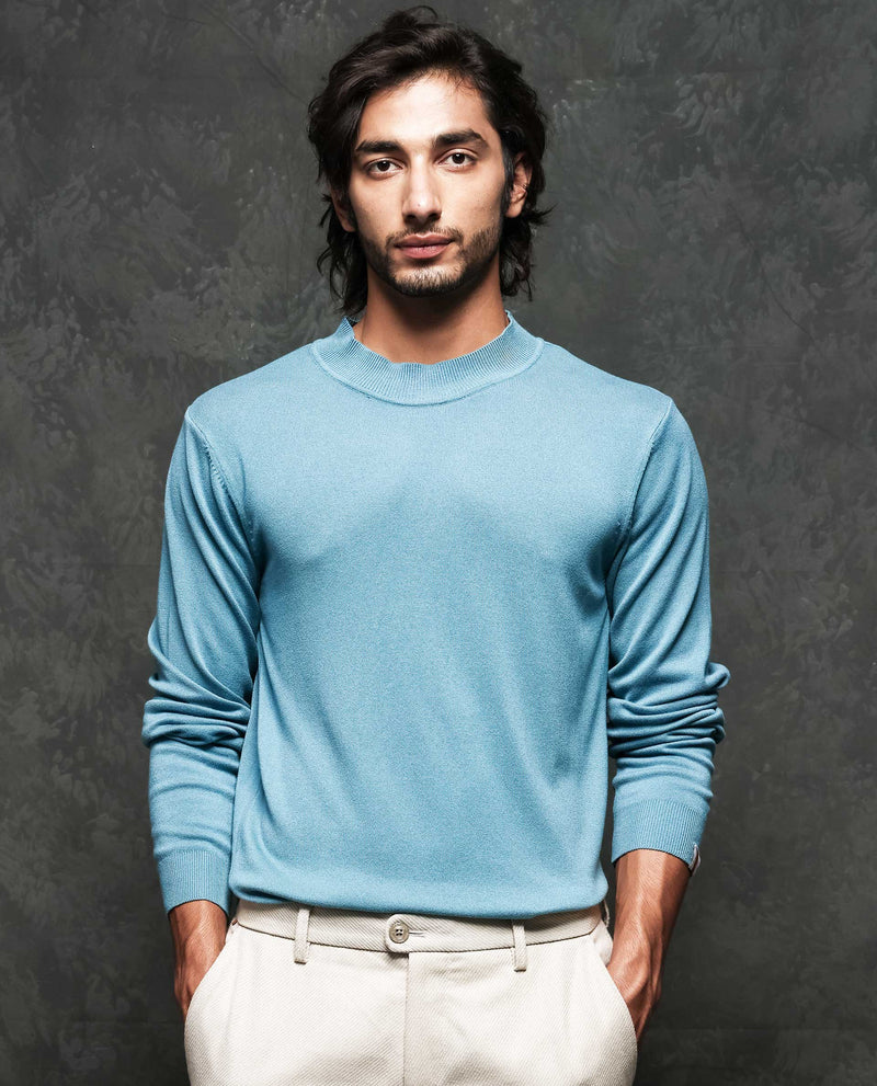 RARE RABBIT MENS ALFO 1 LIGHT BLUE SWEATER VISCOSE NYLON FABRIC HIGH NECK KNITTED FULL SLEEVES FITTED