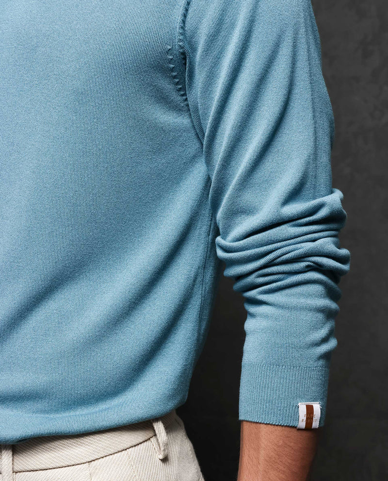 Rare Rabbit Mens Alfo 1 Light Blue Sweater Viscose Nylon Fabric High Neck Knitted Full Sleeves Fitted