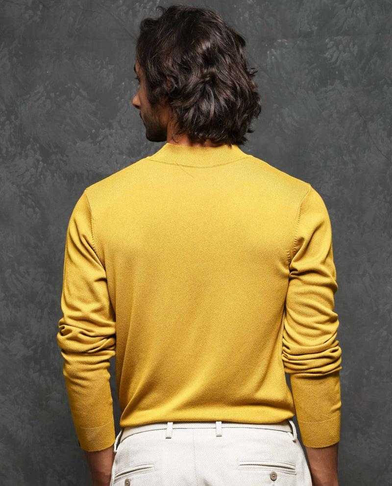 Rare Rabbit Mens Alfo 1 Mustard Sweater Viscose Nylon Fabric High Neck Knitted Full Sleeves Fitted