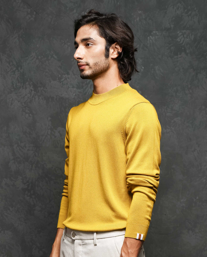 RARE RABBIT MENS ALFO 1 MUSTARD SWEATER VISCOSE NYLON FABRIC HIGH NECK KNITTED FULL SLEEVES FITTED